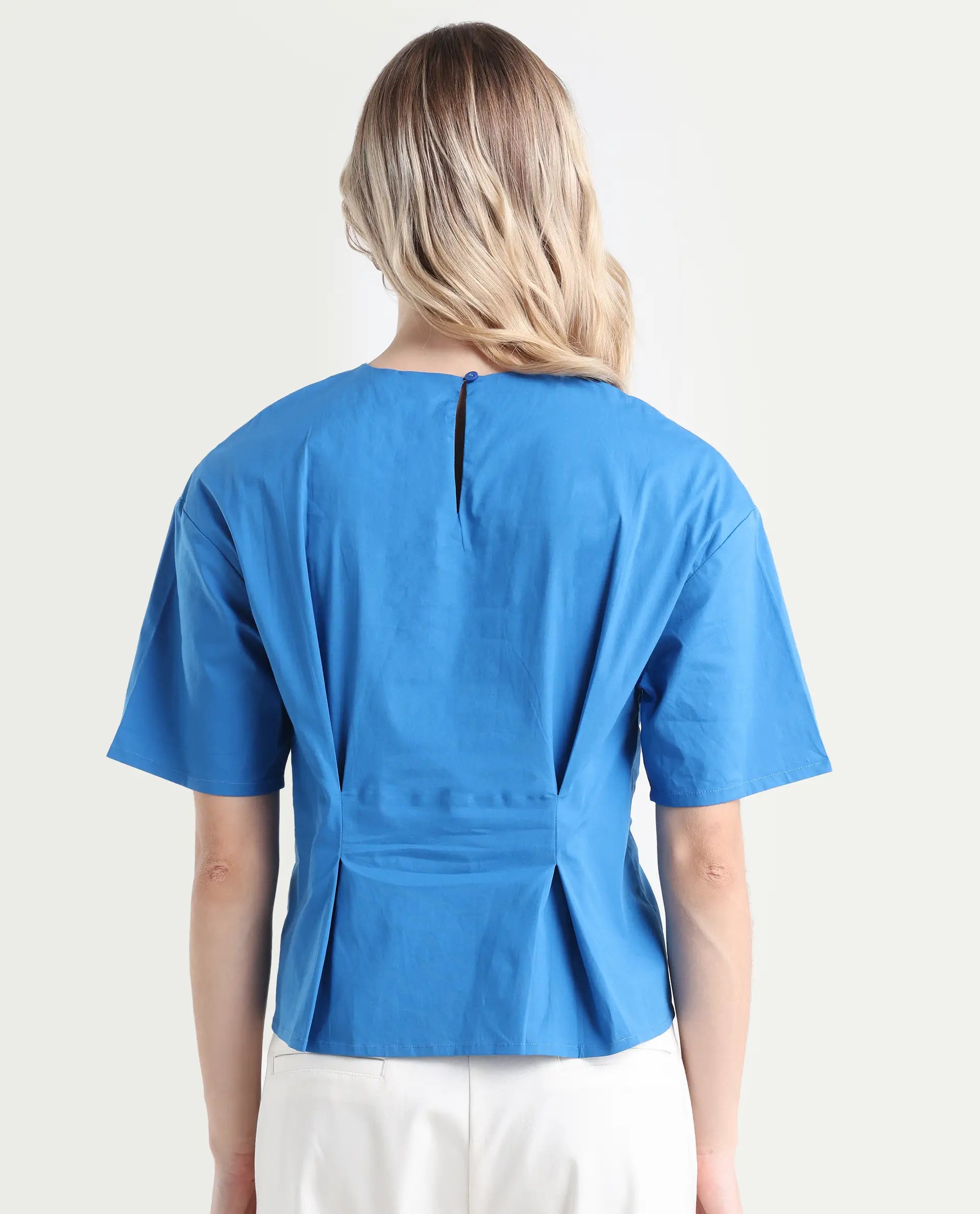 Rareism Women's Wimf Blue Cotton Blend Crew Neck Plain Regular Fit Top