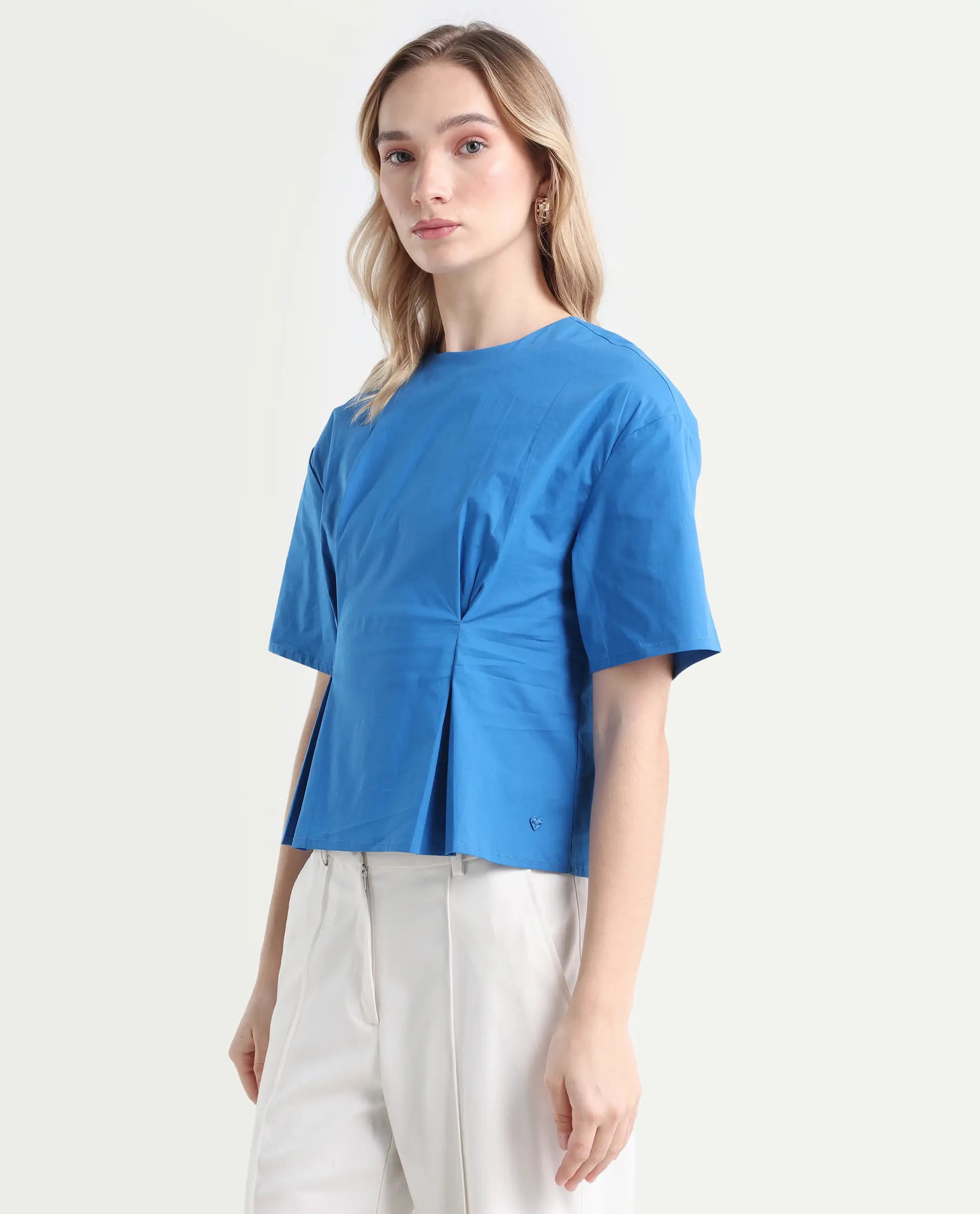 Rareism Women's Wimf Blue Cotton Blend Crew Neck Plain Regular Fit Top