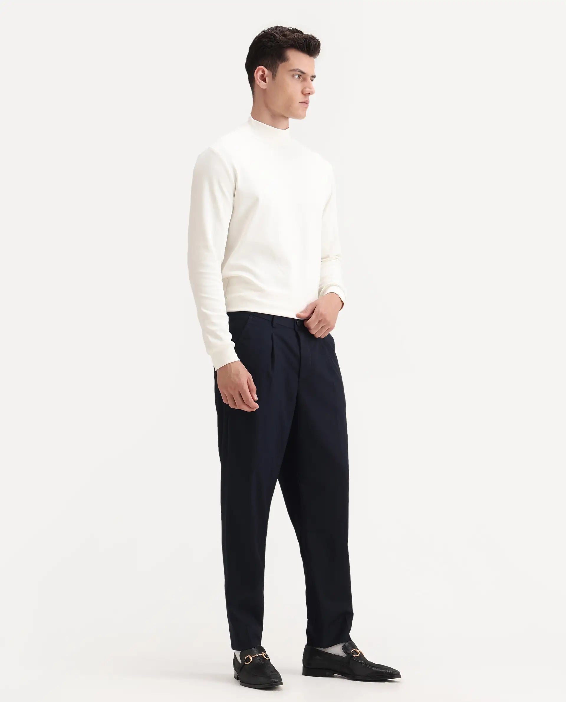 Rare Rabbit Men's Windsor Navy Cotton Plain Relaxed Fit Trouser