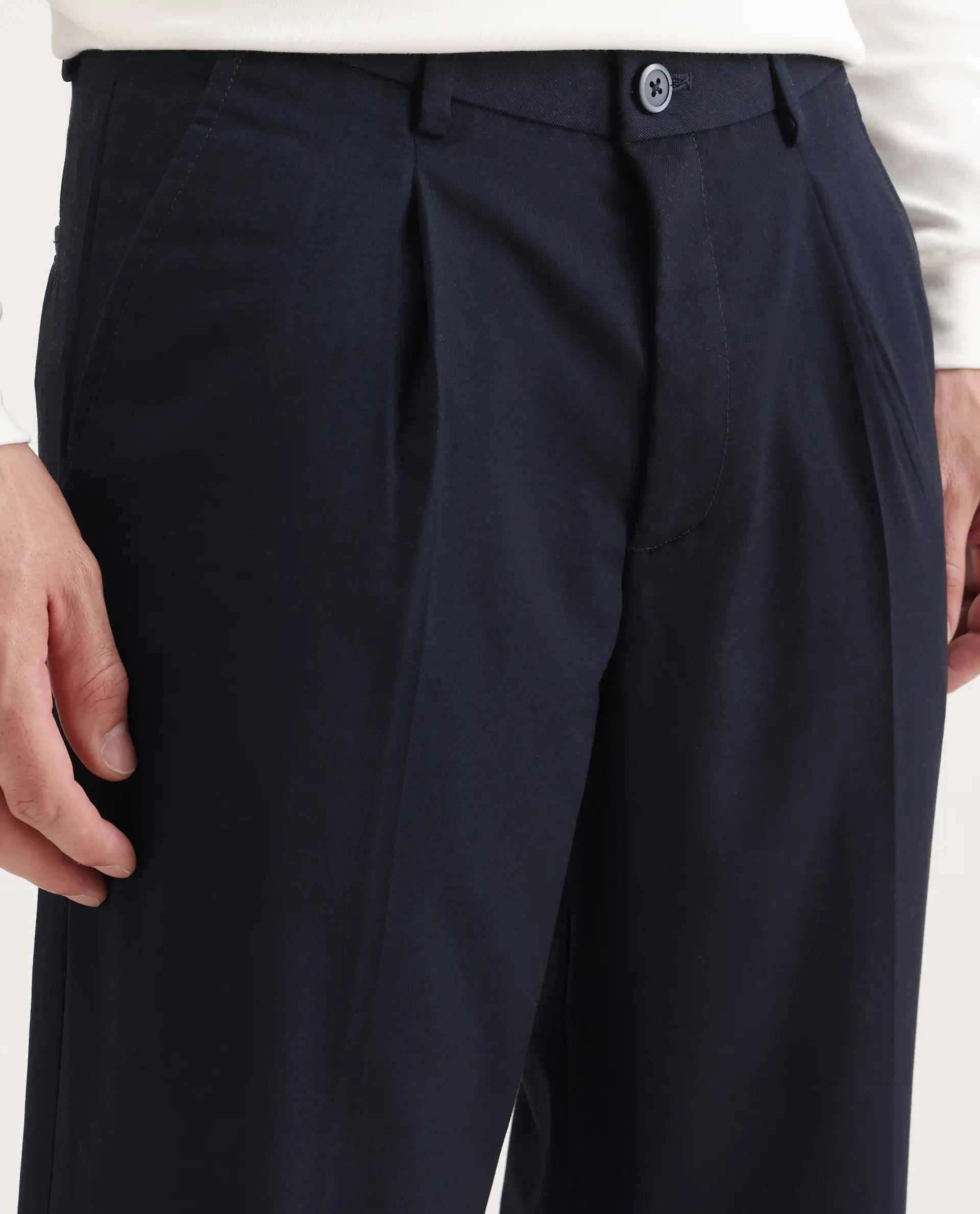 Rare Rabbit Men's Windsor Navy Cotton Plain Relaxed Fit Trouser