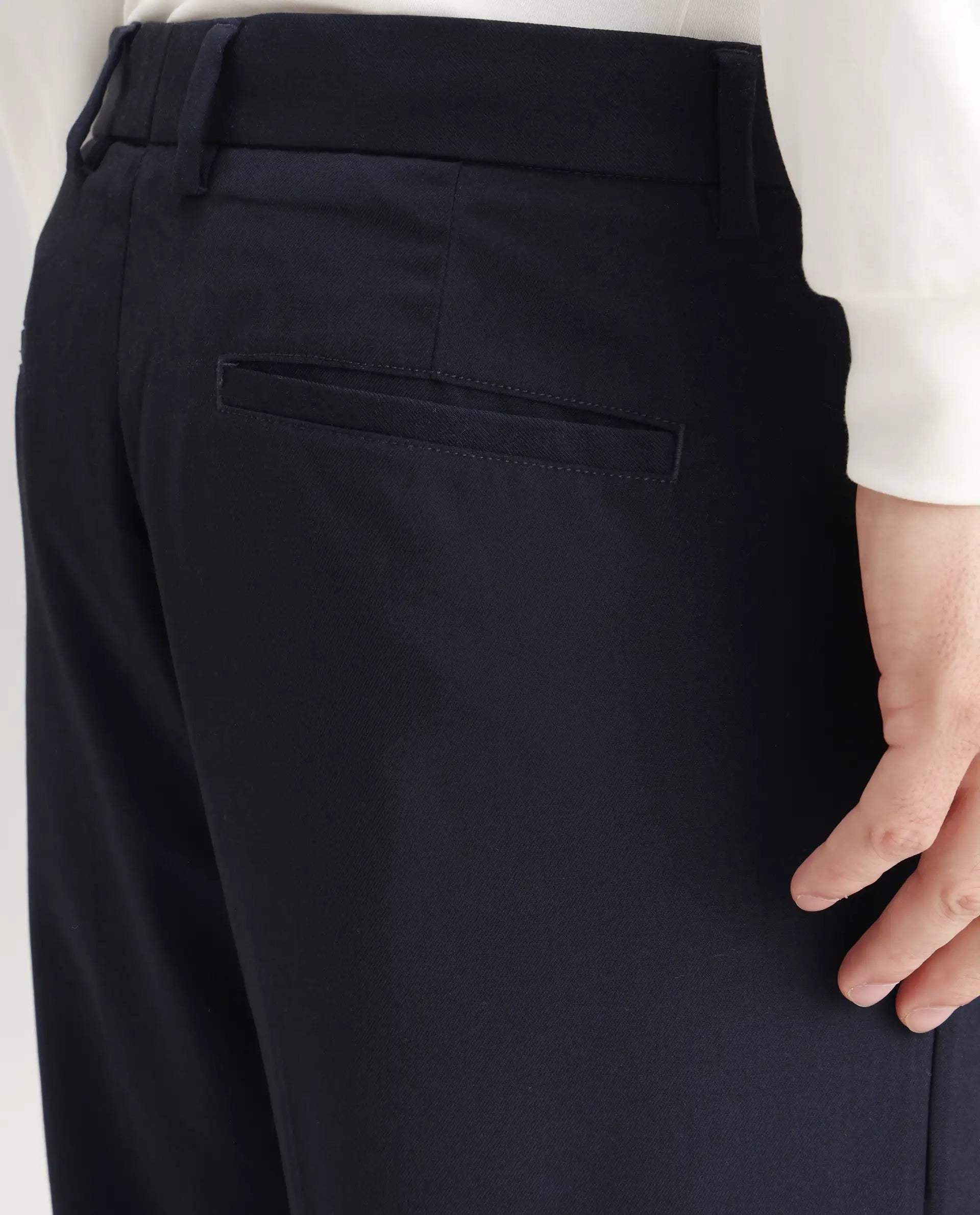 Rare Rabbit Men's Windsor Navy Cotton Plain Relaxed Fit Trouser