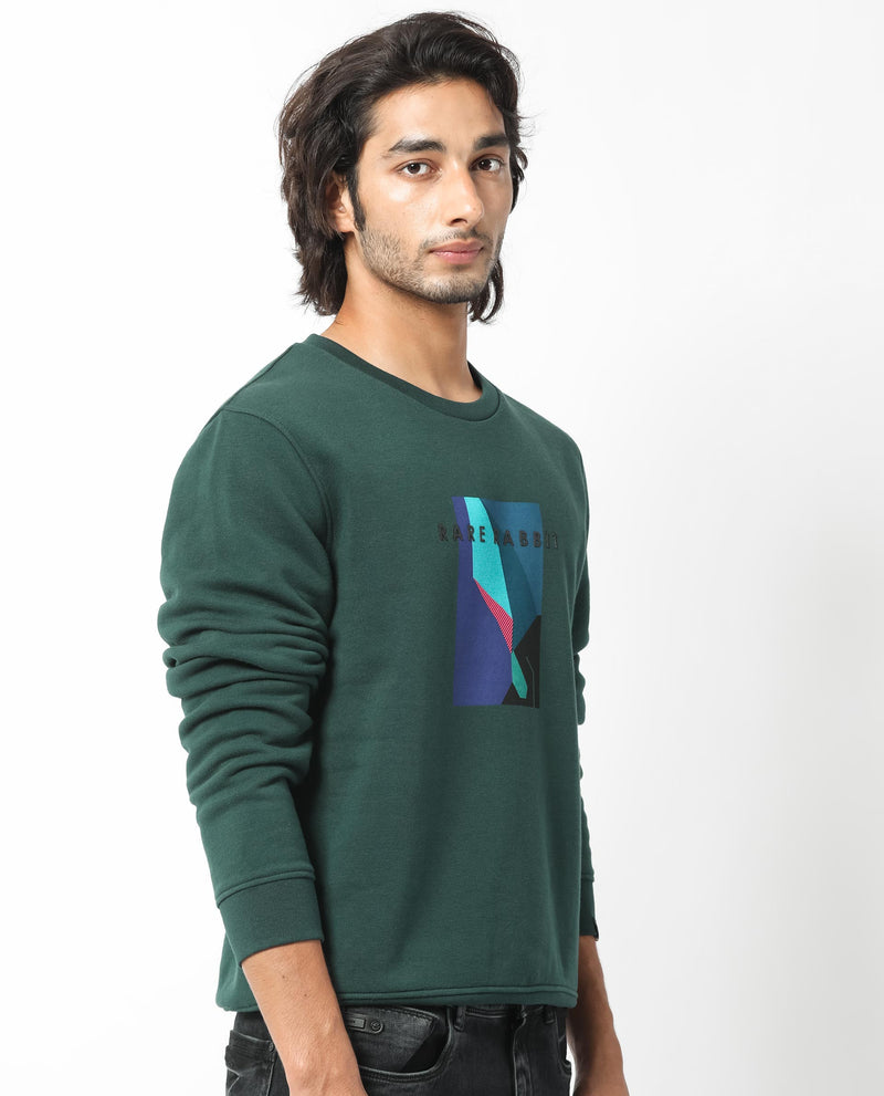 RARE RABBIT MENS WINFRED GREEN SWEATSHIRT COTTON POLYESTER FABRIC ROUND NECK KNITTED FULL SLEEVES COMFORTABLE FIT