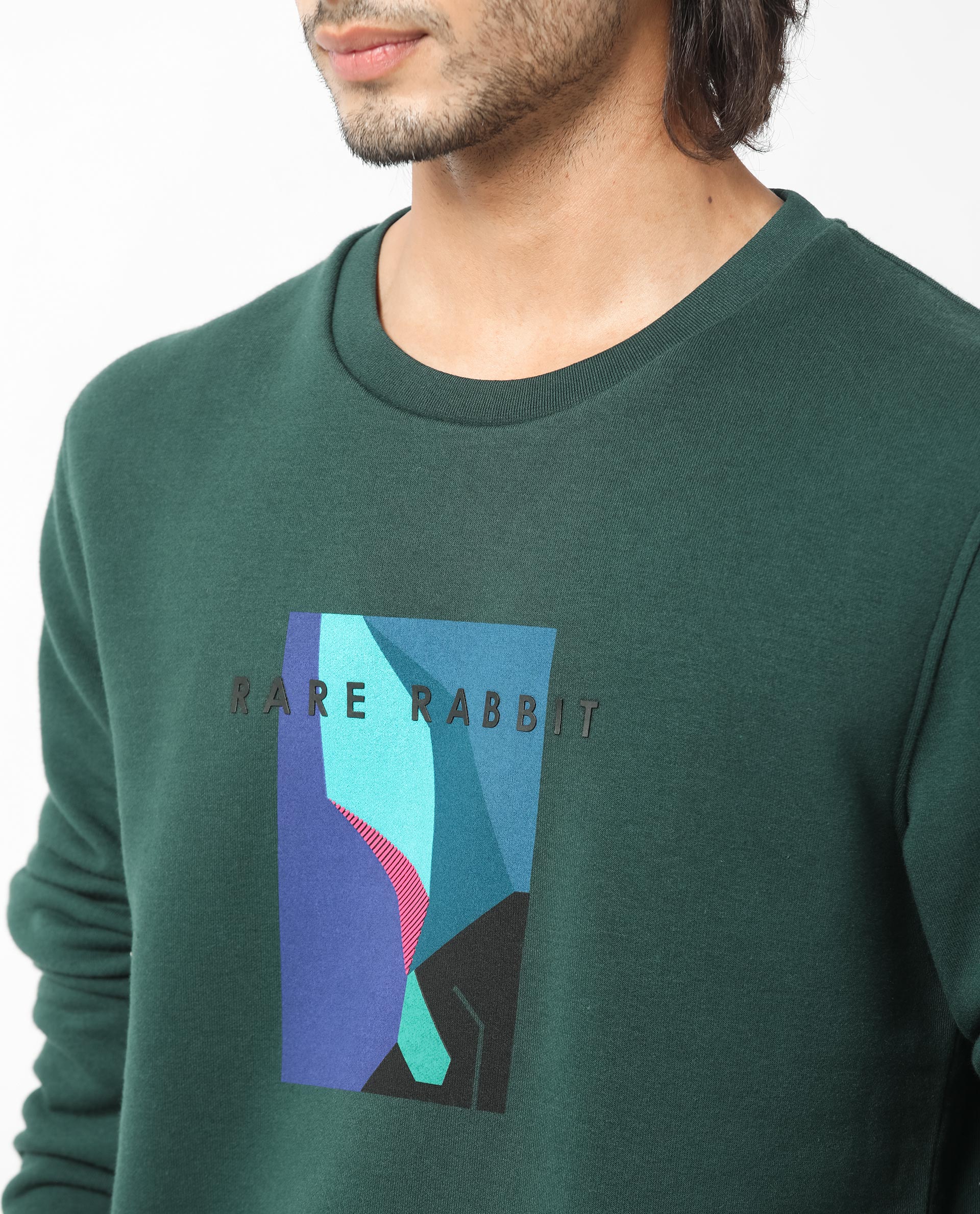 Rare Rabbit Men's Winfred Green Cotton Polyester Fabric Full Sleeves Graphic Print Sweatshirt