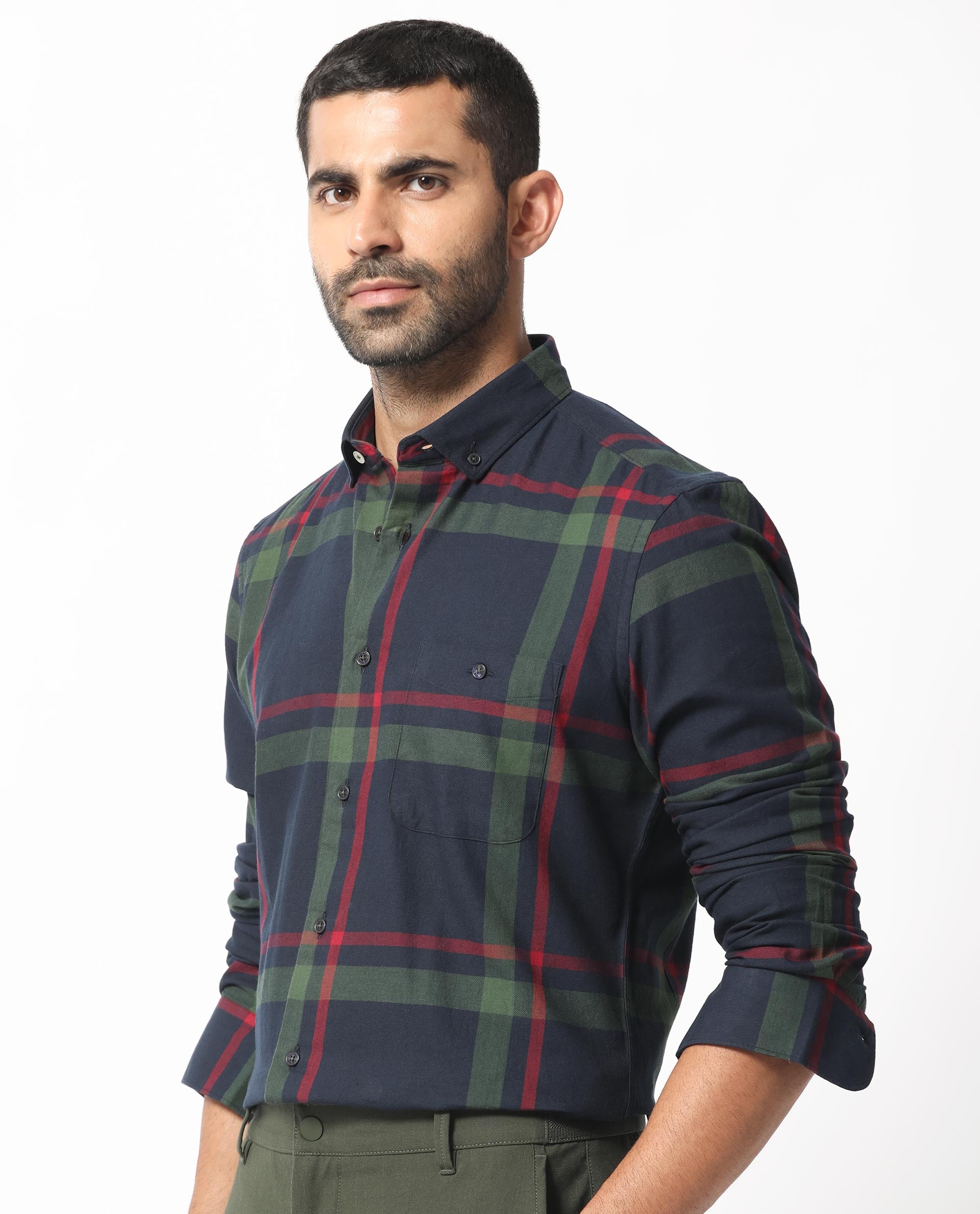 Rare Rabbit Men's Wink Dark Navy Cotton Fabric Full Sleeves Checks Shirt