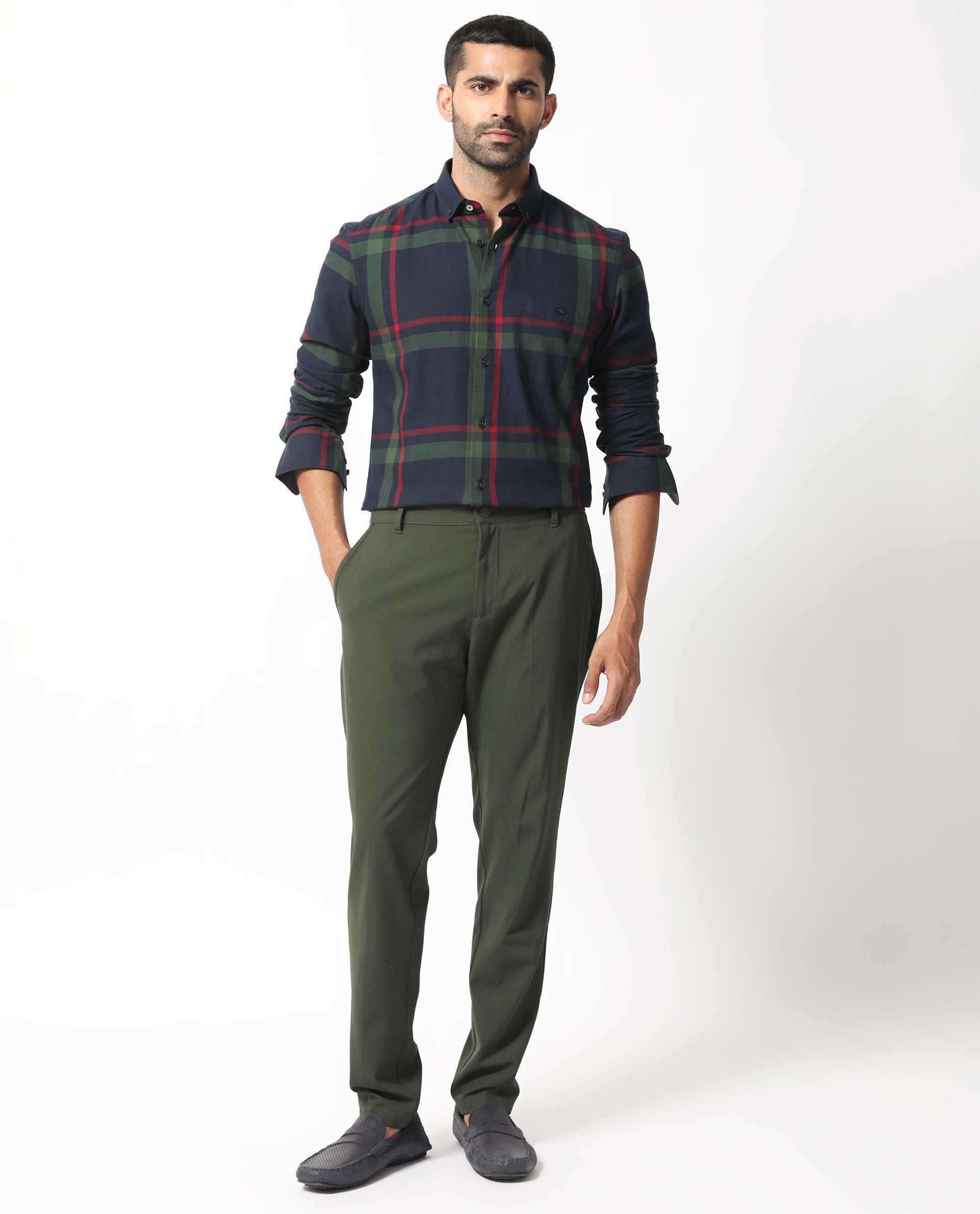 Rare Rabbit Men's Wink Dark Navy Cotton Fabric Full Sleeves Checks Shirt