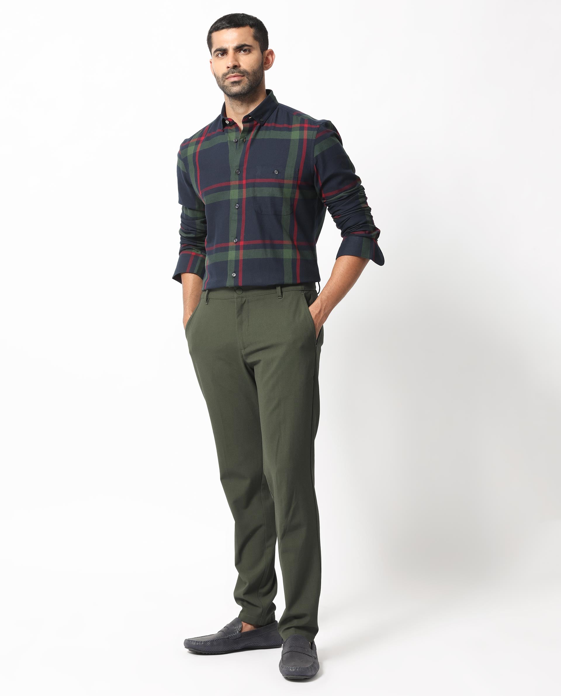 Rare Rabbit Men's Wink Dark Navy Cotton Fabric Full Sleeves Checks Shirt