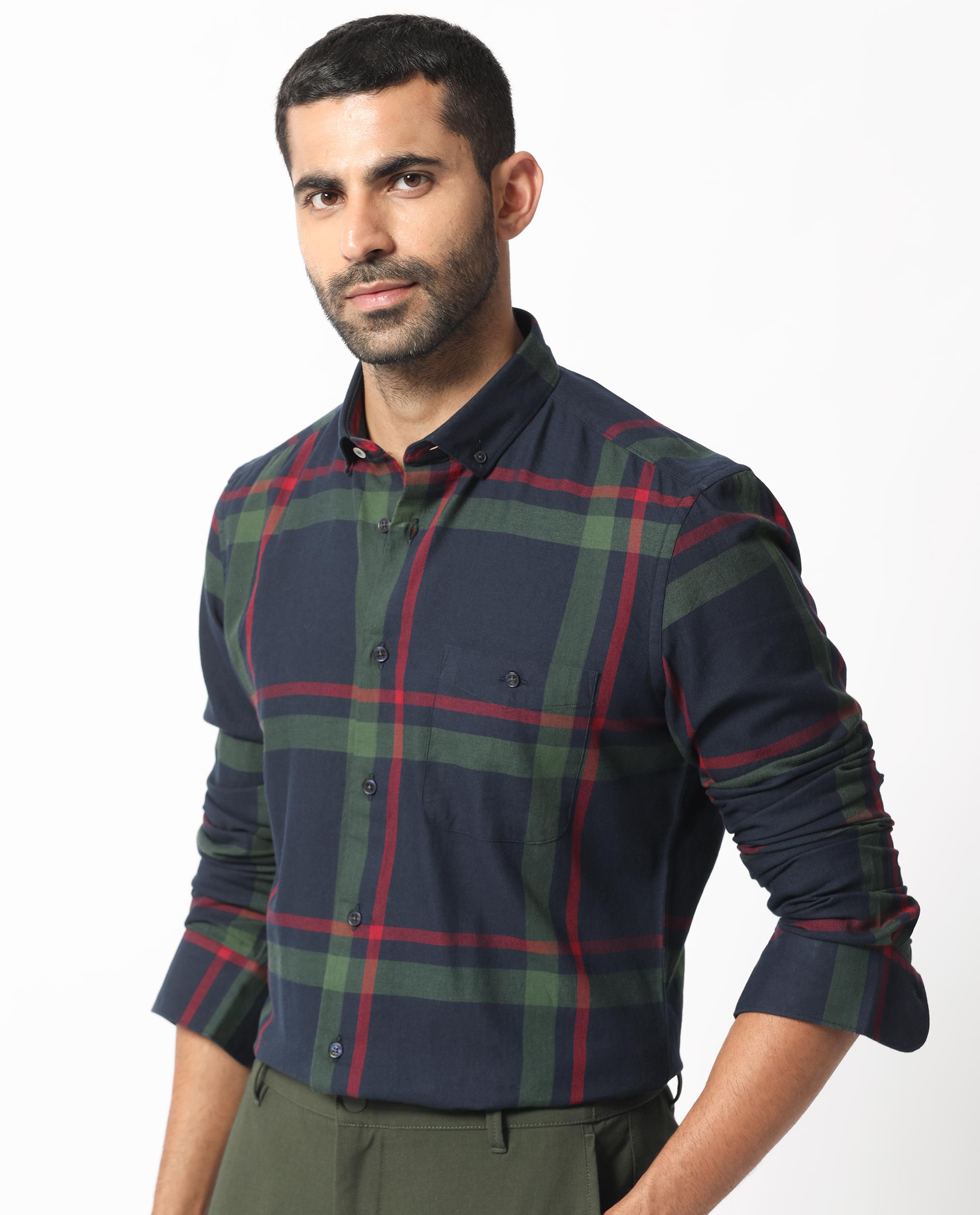 Rare Rabbit Men's Wink Dark Navy Cotton Fabric Full Sleeves Checks Shirt