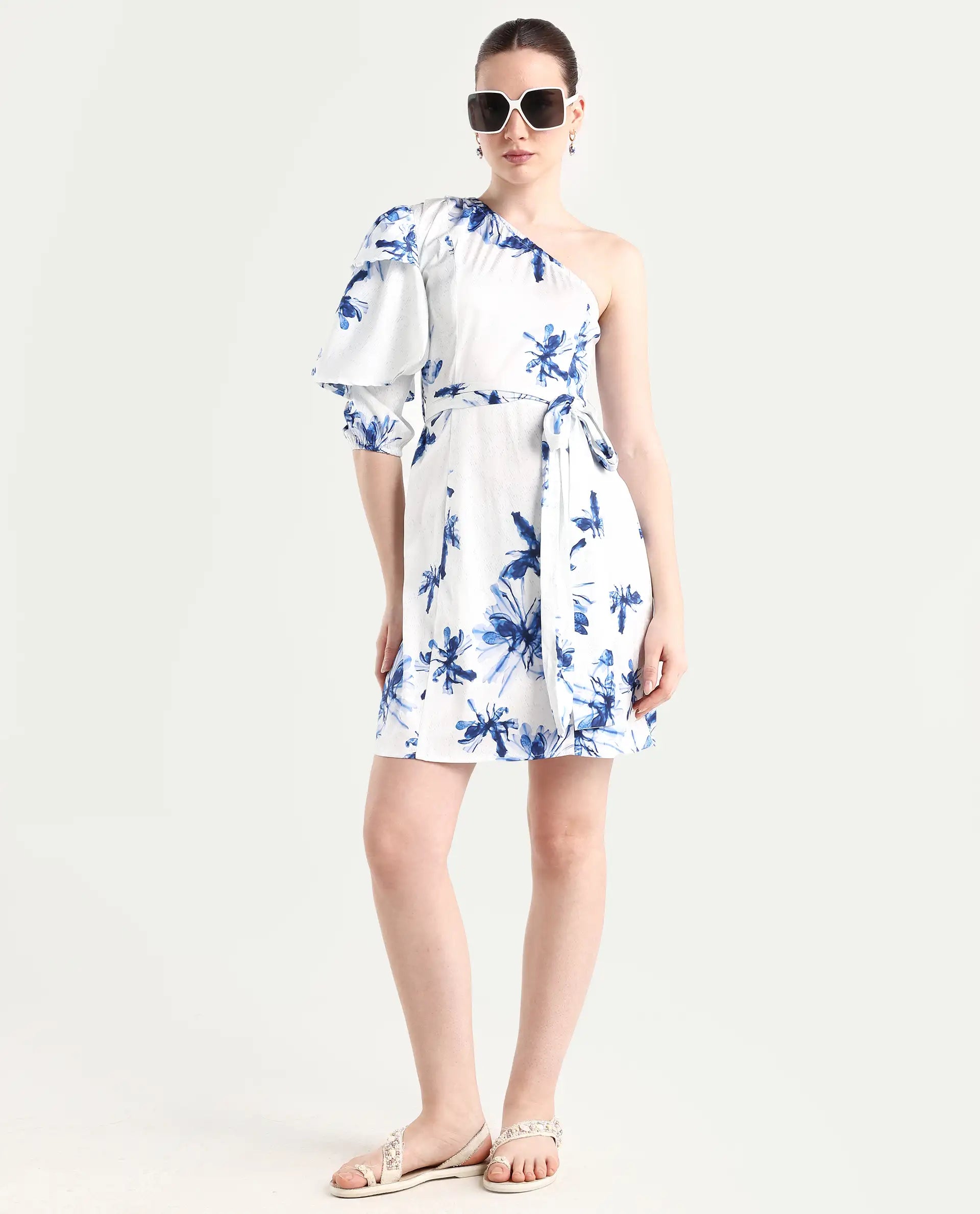 Rareism Women's Winnie White Modal One Shoulder Floral Print Puff Sleeves Knee Length Slim Fit Dress