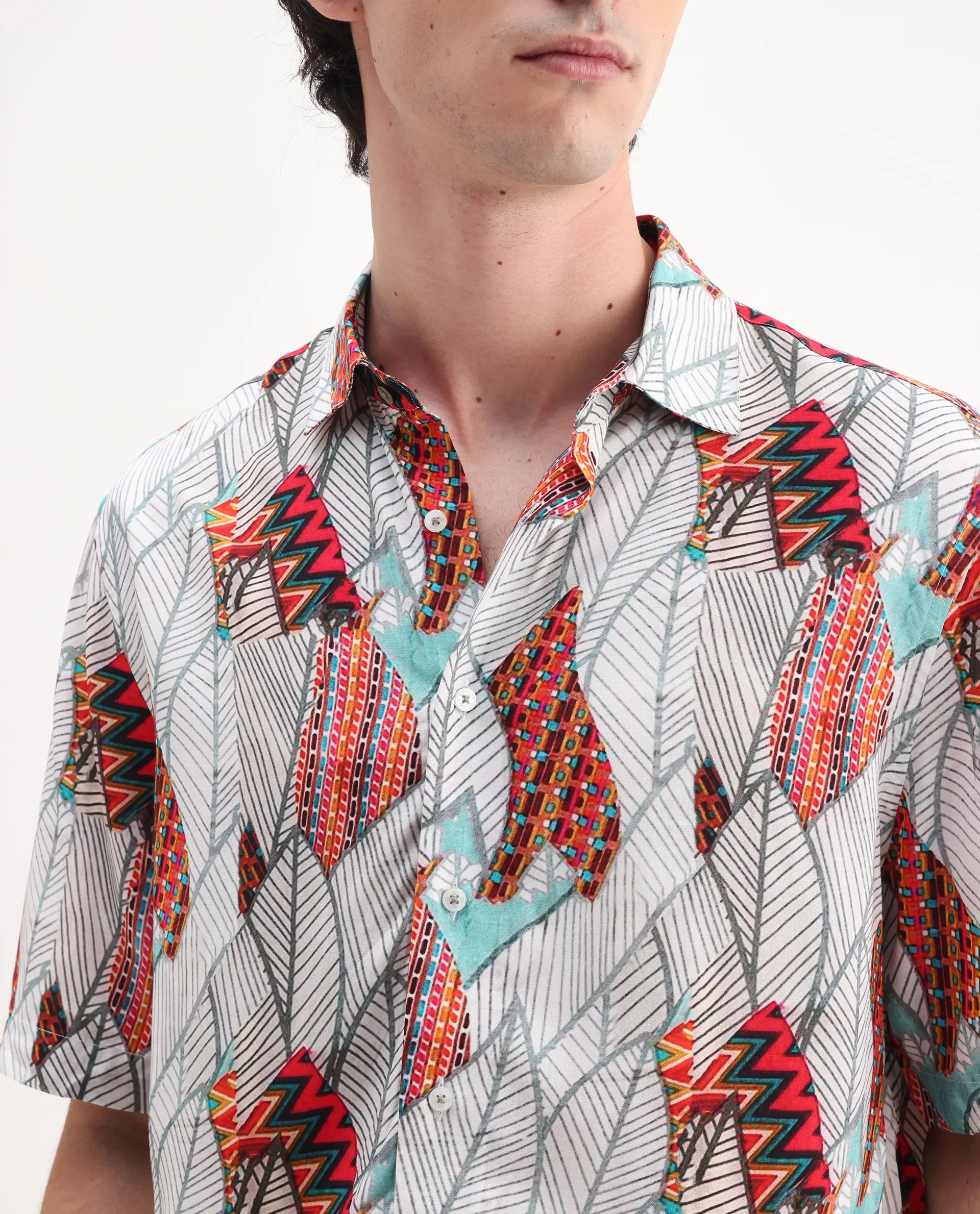 Rare Rabbit Men's Winona White Cotton Floral Print Boxy Fit Half Sleeve Collared Shirt