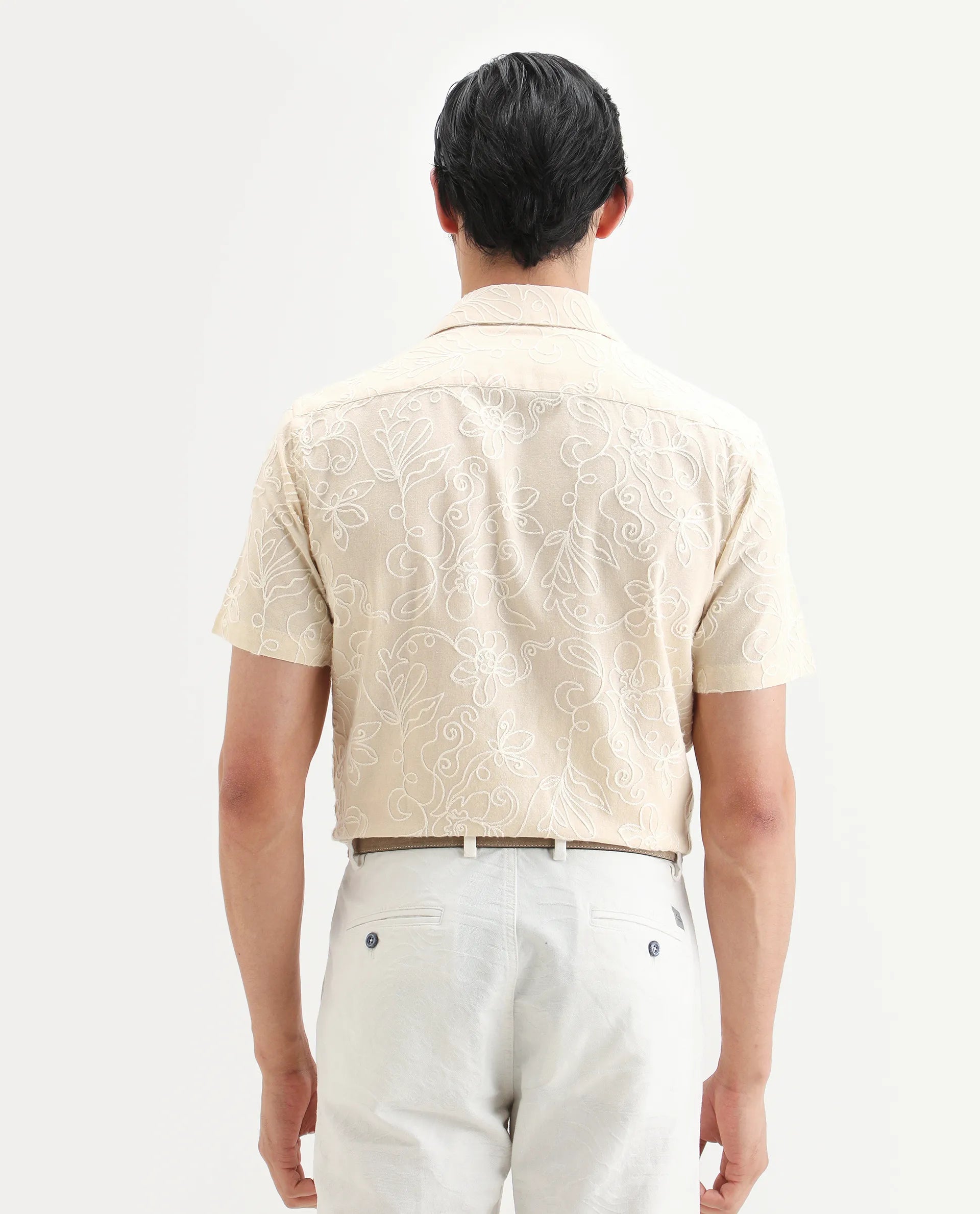 Rare Rabbit Men's Winsen Beige Cotton Fabric Half Sleeve Spread Collar Regular Fit Embroidered Shirt
