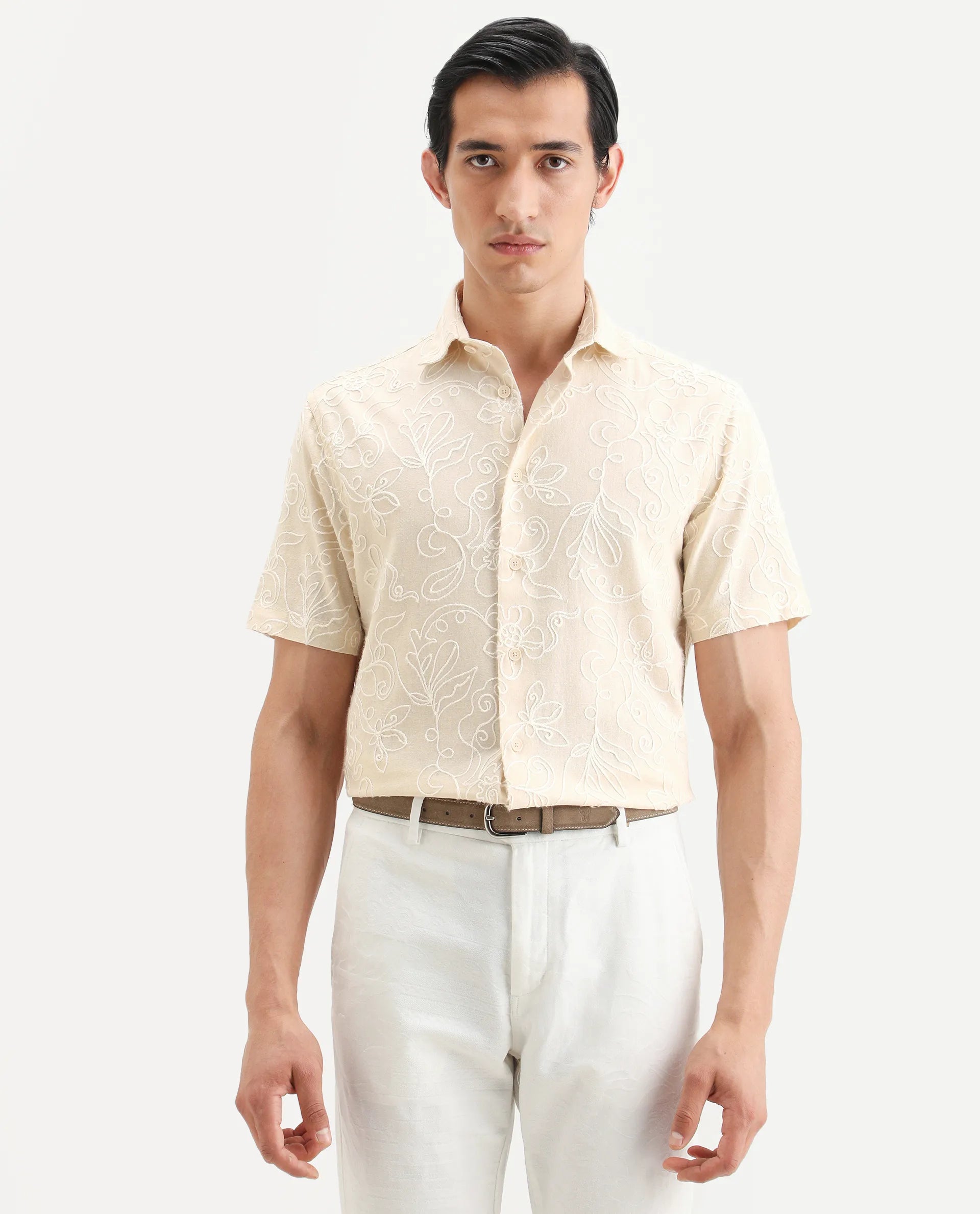 Rare Rabbit Men's Winsen Beige Cotton Fabric Half Sleeve Spread Collar Regular Fit Embroidered Shirt