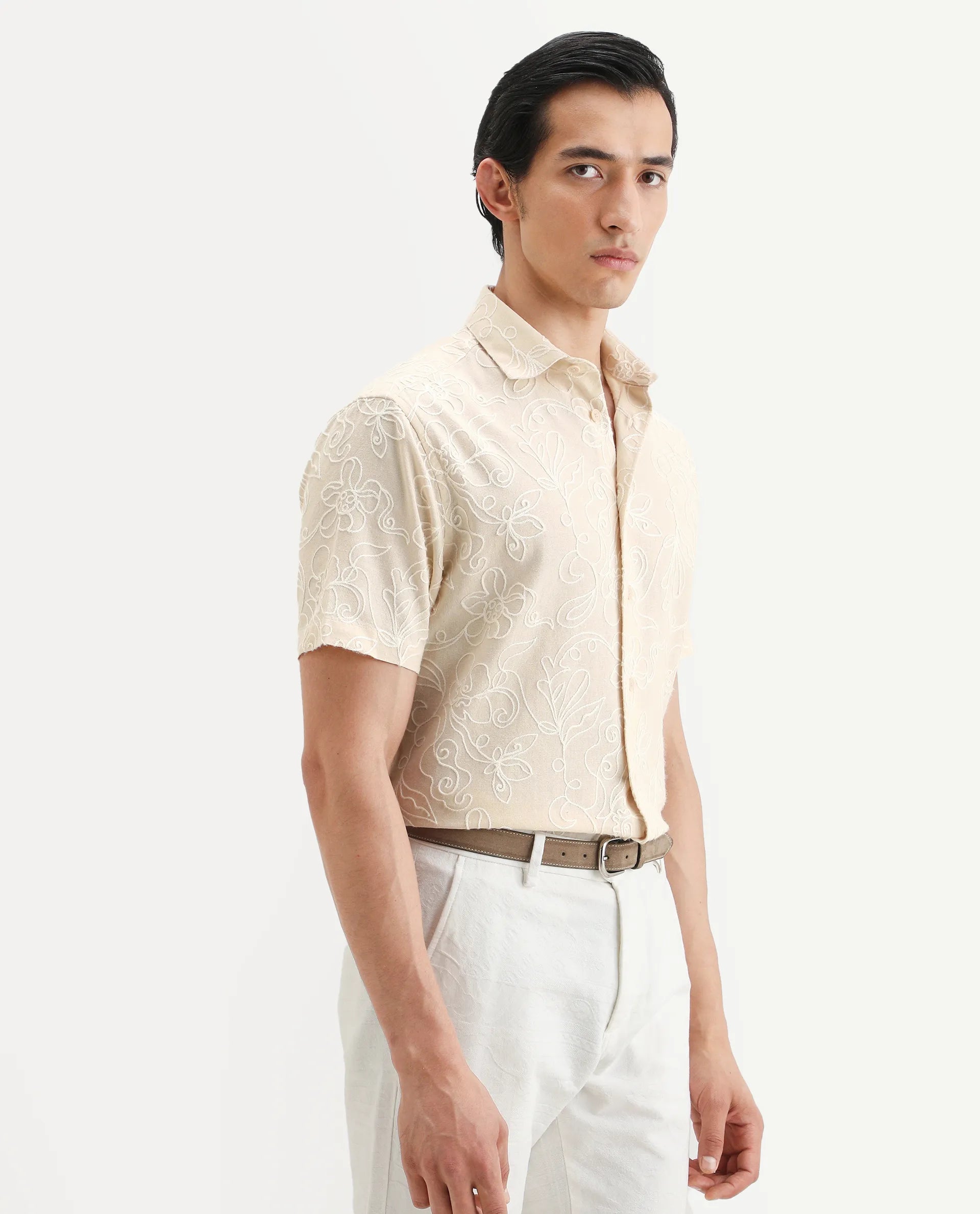 Rare Rabbit Men's Winsen Beige Cotton Fabric Half Sleeve Spread Collar Regular Fit Embroidered Shirt