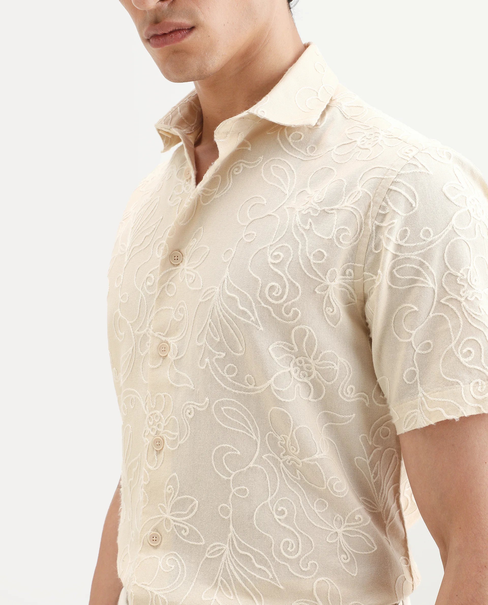 Rare Rabbit Men's Winsen Beige Cotton Fabric Half Sleeve Spread Collar Regular Fit Embroidered Shirt