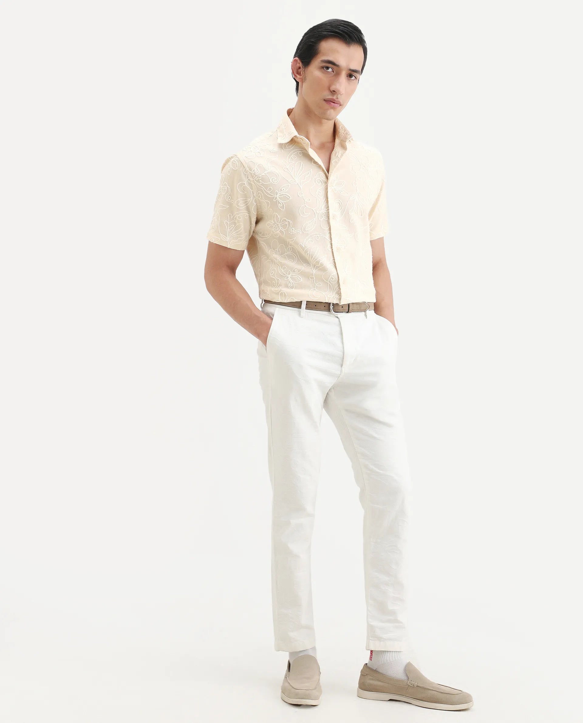 Rare Rabbit Men's Winsen Beige Cotton Fabric Half Sleeve Spread Collar Regular Fit Embroidered Shirt