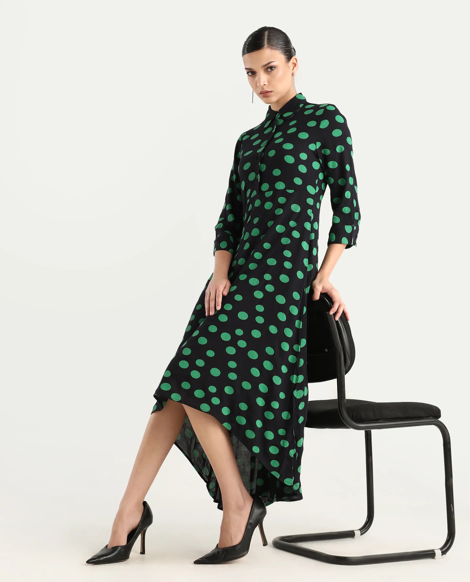 Rareism Women's Winslet Black Rayon Drop Collar Polka Print Cuffed Sleeve Maxi Flared Dress