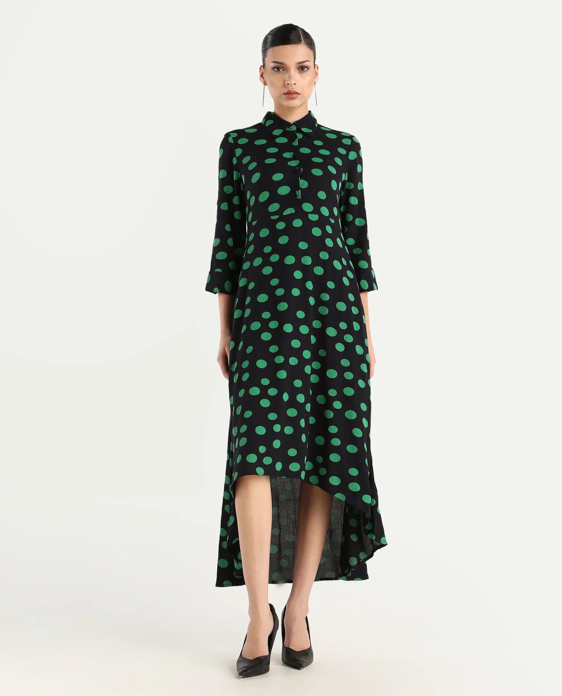 Rareism Women's Winslet Black Rayon Drop Collar Polka Print Cuffed Sleeve Maxi Flared Dress