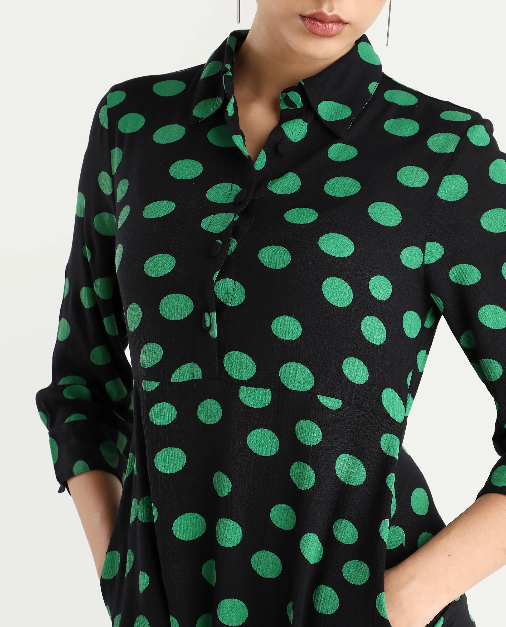 Rareism Women's Winslet Black Rayon Drop Collar Polka Print Cuffed Sleeve Maxi Flared Dress