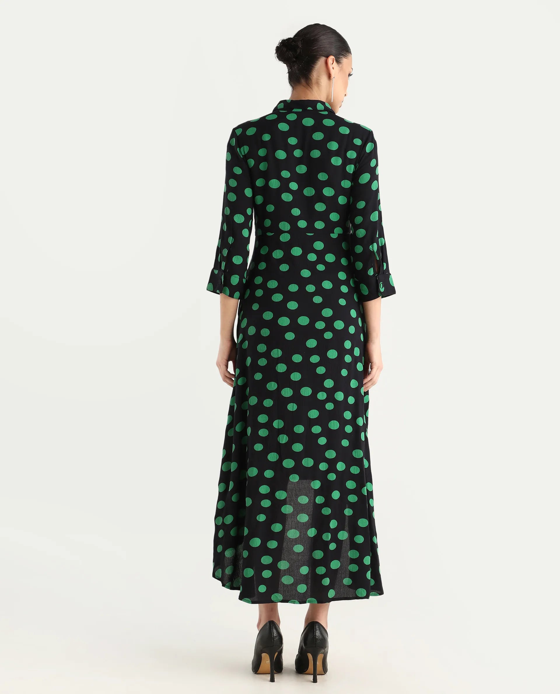 Rareism Women's Winslet Black Rayon Drop Collar Polka Print Cuffed Sleeve Maxi Flared Dress