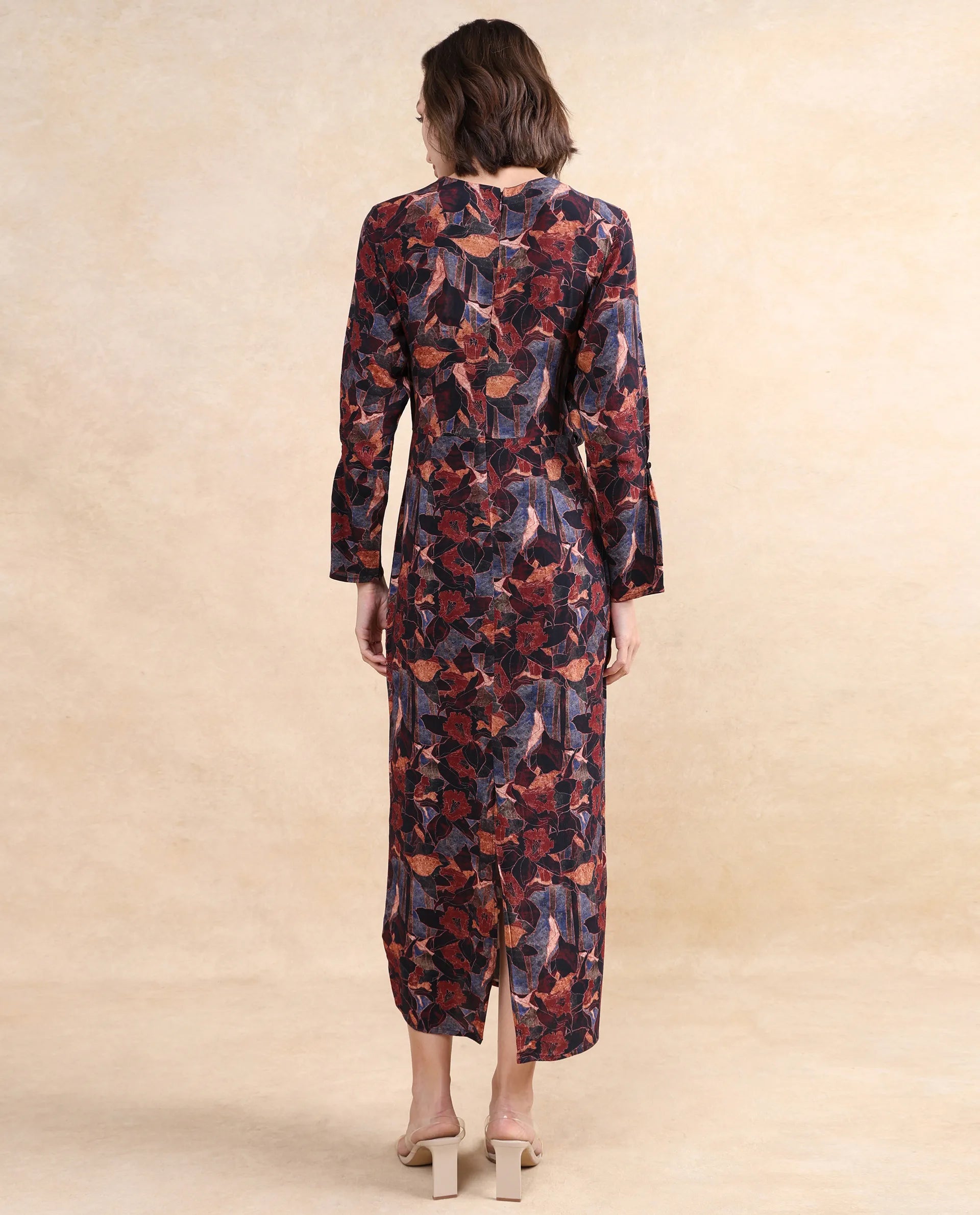 Rareism Women Winzop Multi Viscose Fabric Full Sleeve Cowl Neck Zipper Closure Straight Fit Midi Floral Print Dress