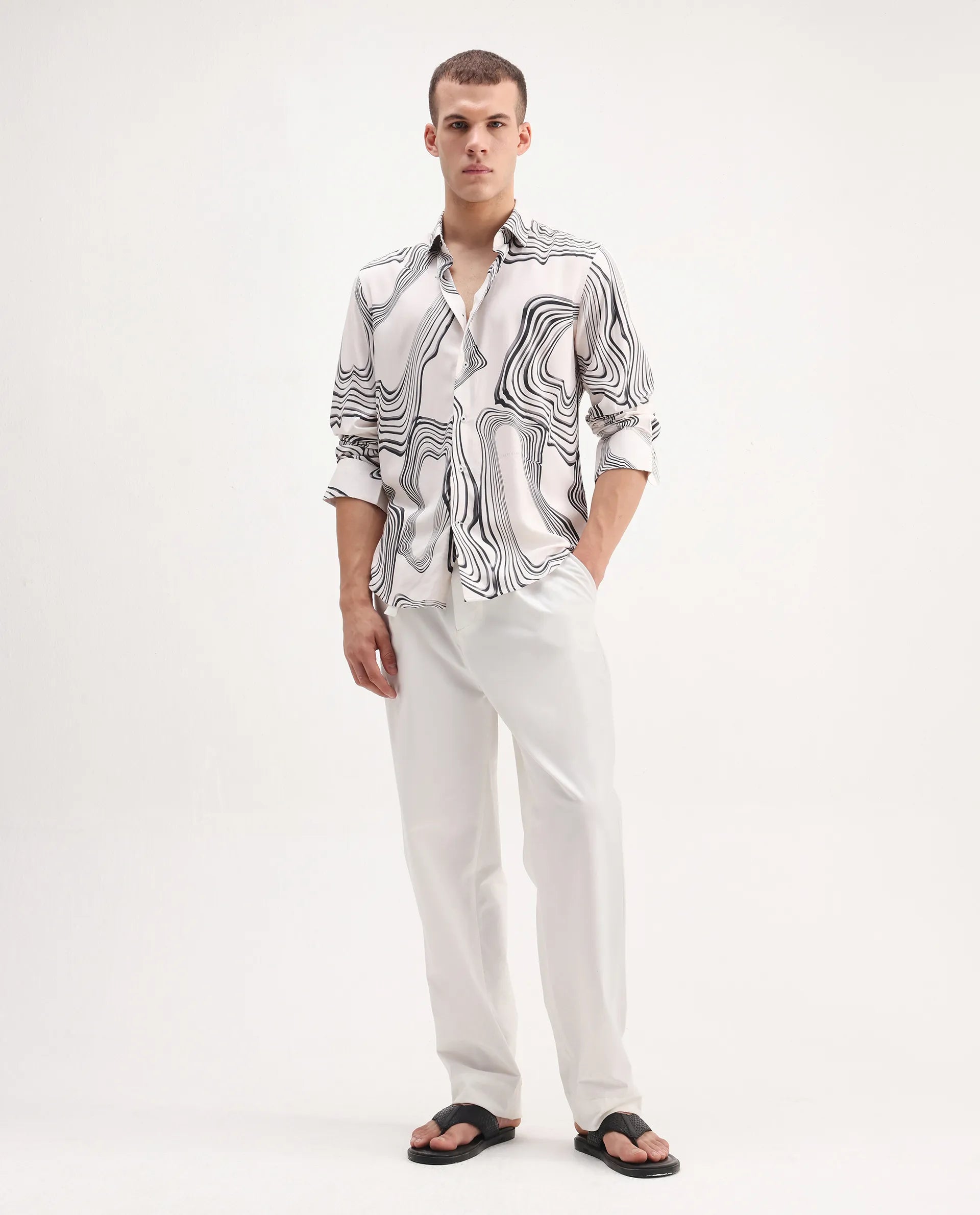 Rare Rabbit Men's Wira White Viscose Abstract Print Regular Fit Full Sleeve Collared Shirt