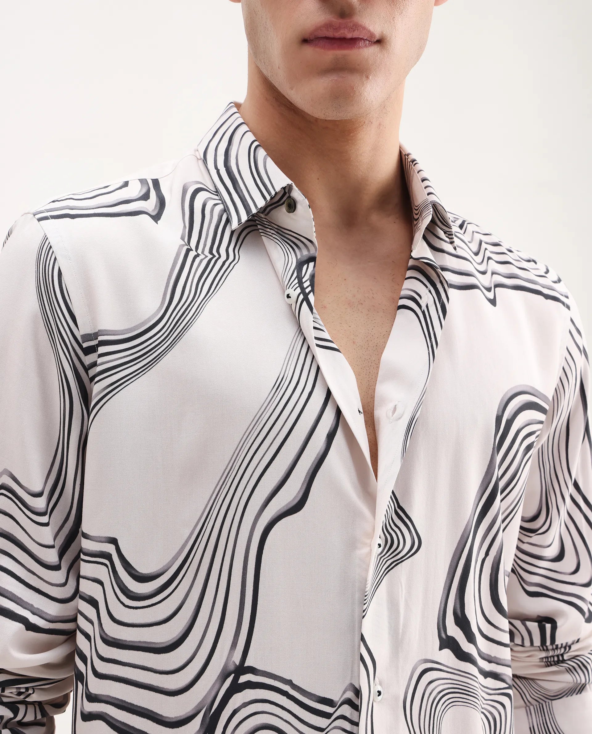 Rare Rabbit Men's Wira White Viscose Abstract Print Regular Fit Full Sleeve Collared Shirt