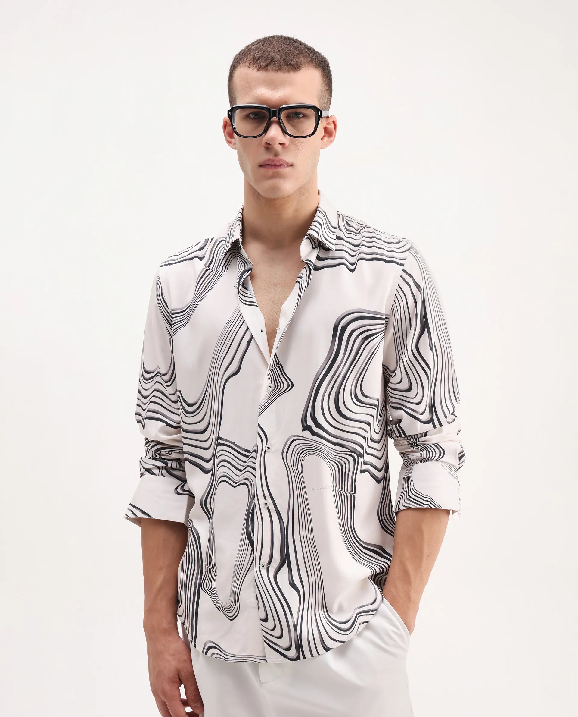 Rare Rabbit Men's Wira White Viscose Abstract Print Regular Fit Full Sleeve Collared Shirt