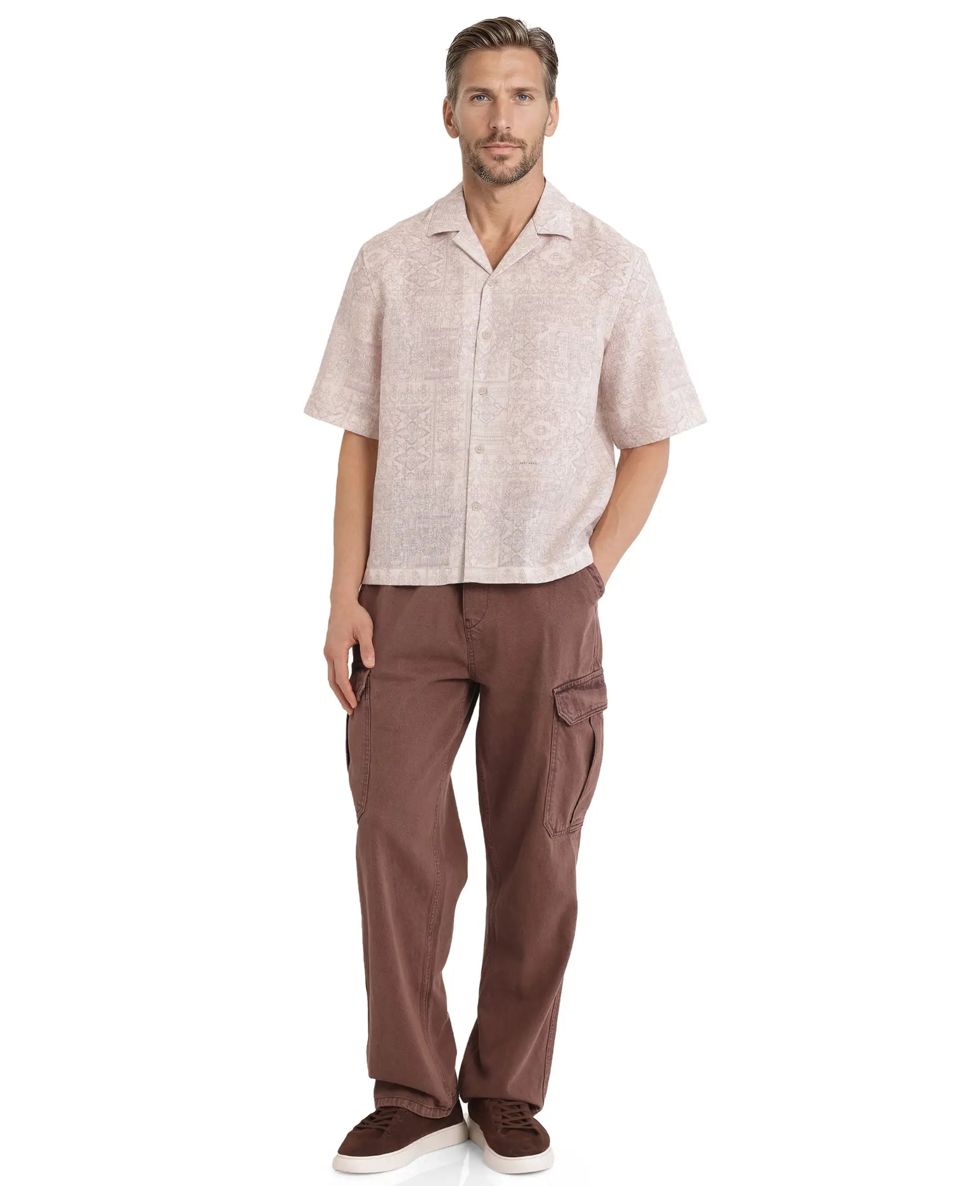 Rare Rabbit Men's Wisp Beige Polyester Fabric Short Sleeve Cuban Collared Button Closure Paisley Printed Shirt