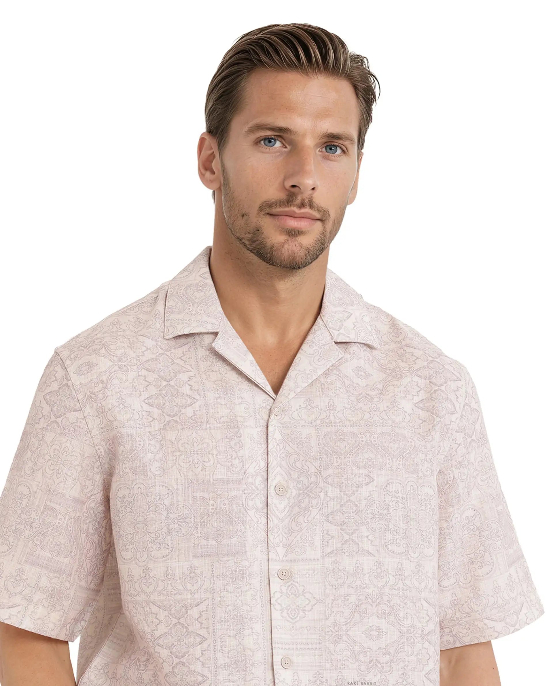 Rare Rabbit Men's Wisp Beige Polyester Fabric Short Sleeve Cuban Collared Button Closure Paisley Printed Shirt