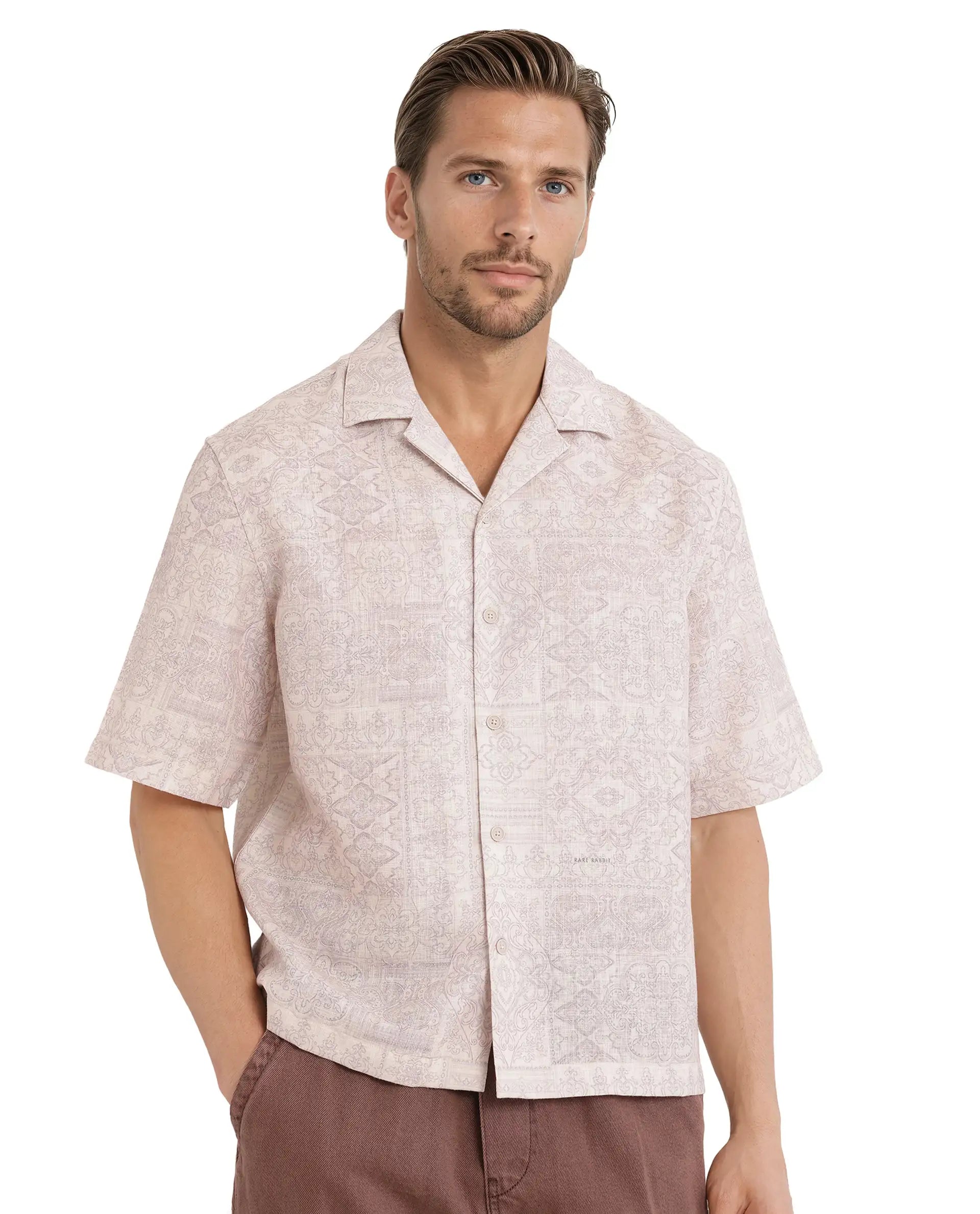 Rare Rabbit Men's Wisp Beige Polyester Fabric Short Sleeve Cuban Collared Button Closure Paisley Printed Shirt