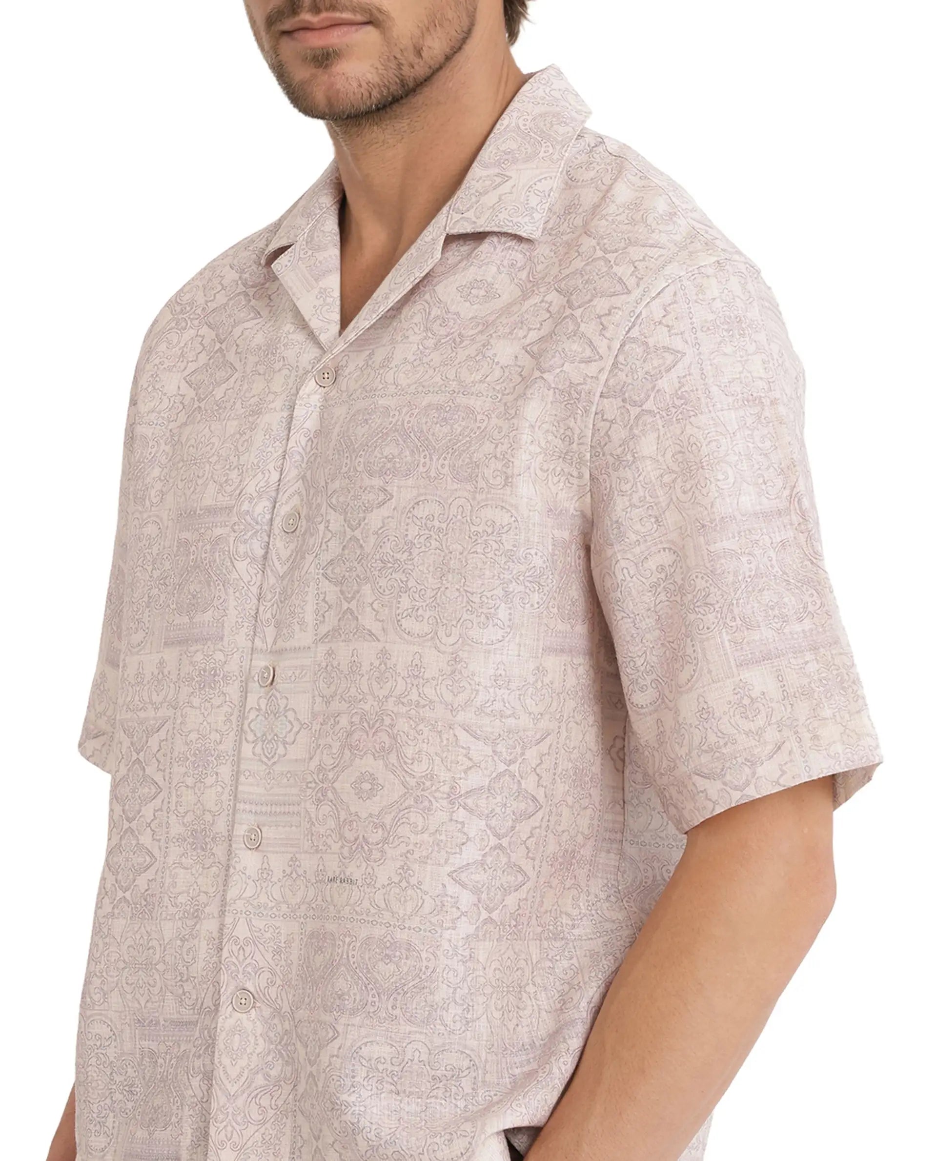 Rare Rabbit Men's Wisp Beige Polyester Fabric Short Sleeve Cuban Collared Button Closure Paisley Printed Shirt