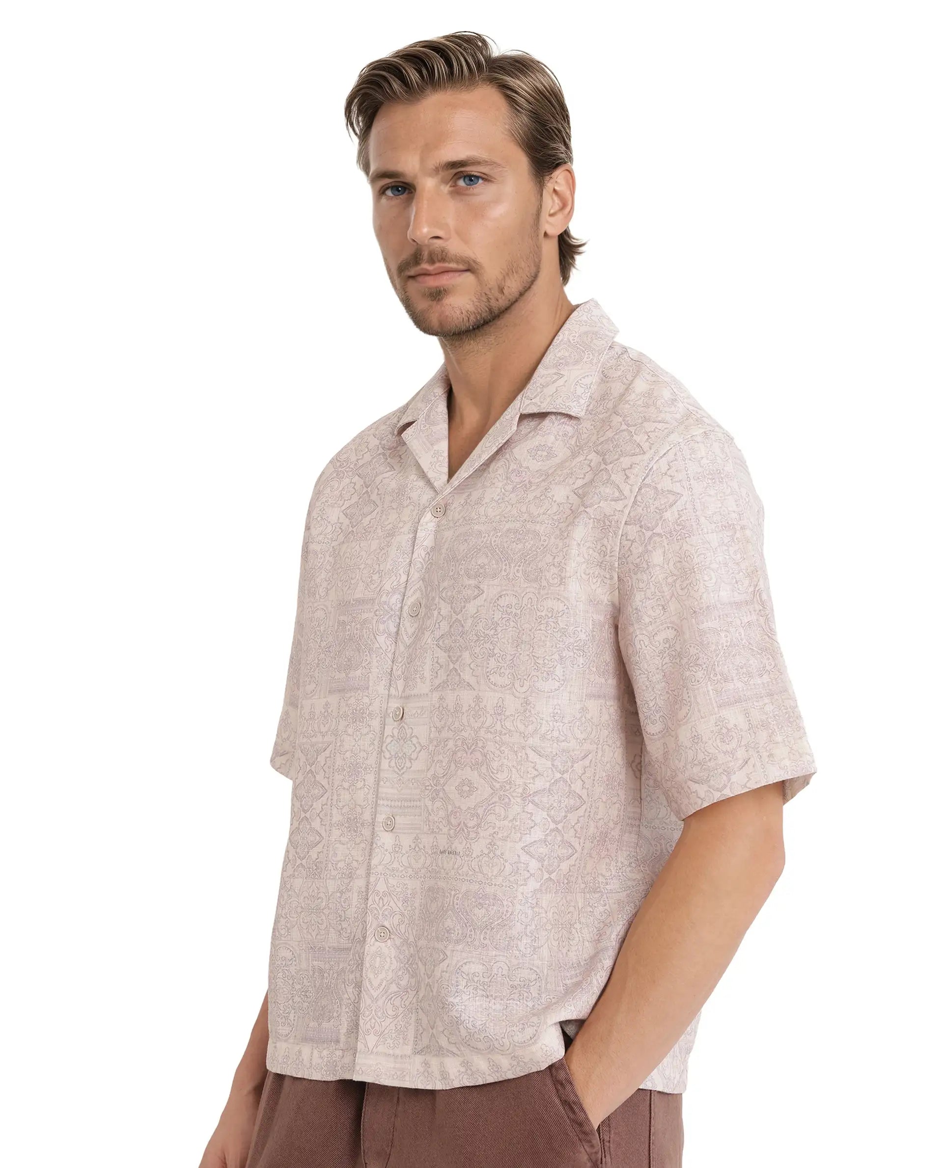 Rare Rabbit Men's Wisp Beige Polyester Fabric Short Sleeve Cuban Collared Button Closure Paisley Printed Shirt