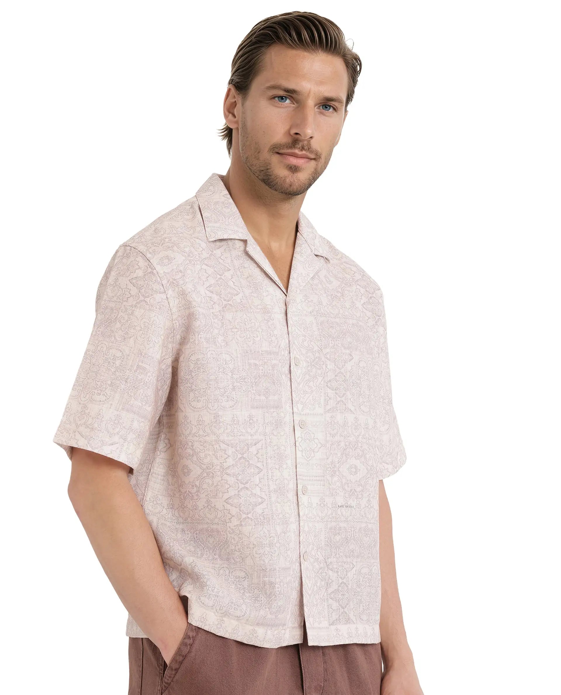 Rare Rabbit Men's Wisp Beige Polyester Fabric Short Sleeve Cuban Collared Button Closure Paisley Printed Shirt