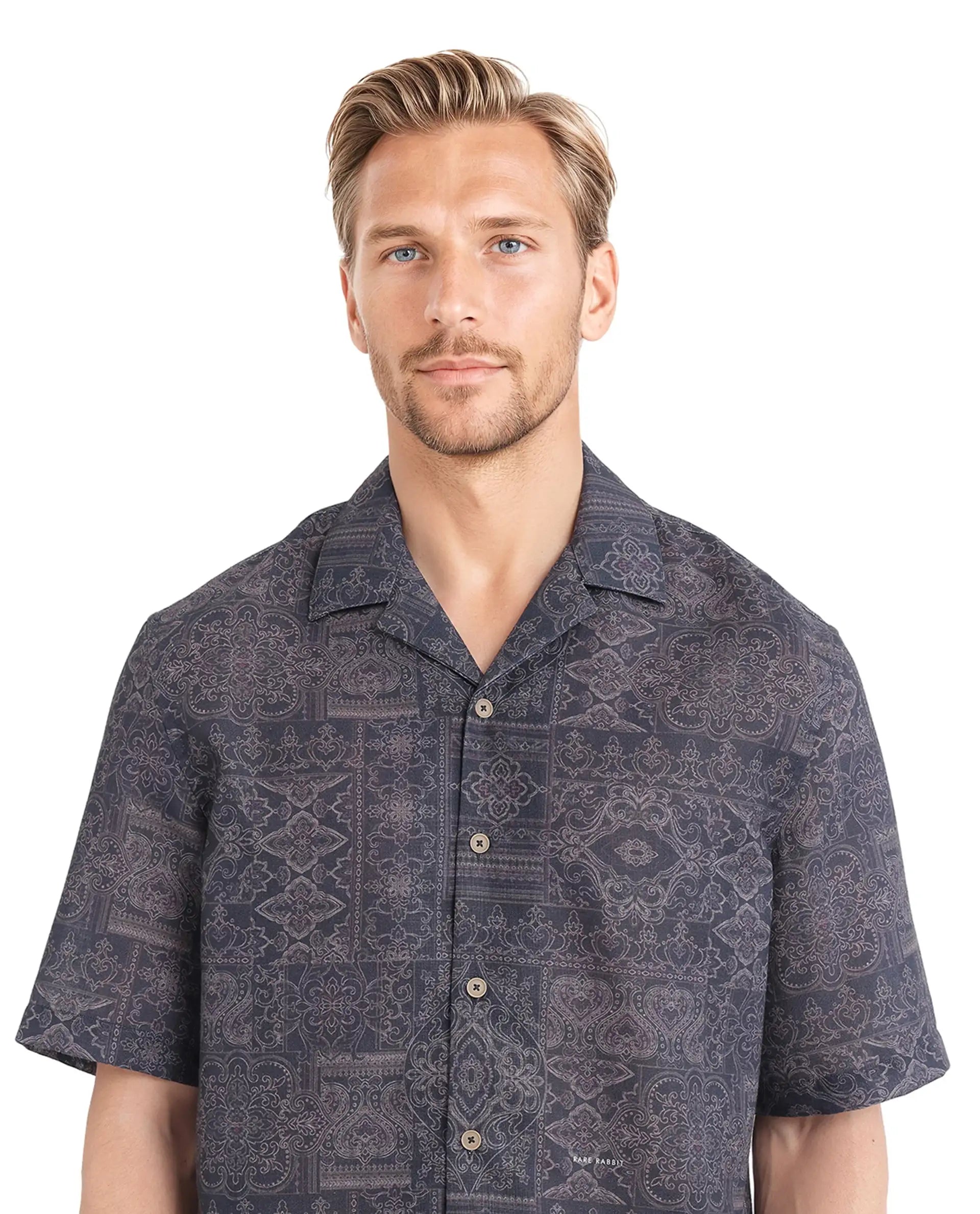 Rare Rabbit Men's Wisp Navy Polyester Fabric Short Sleeve Cuban Collared Button Closure Paisley Printed Shirt