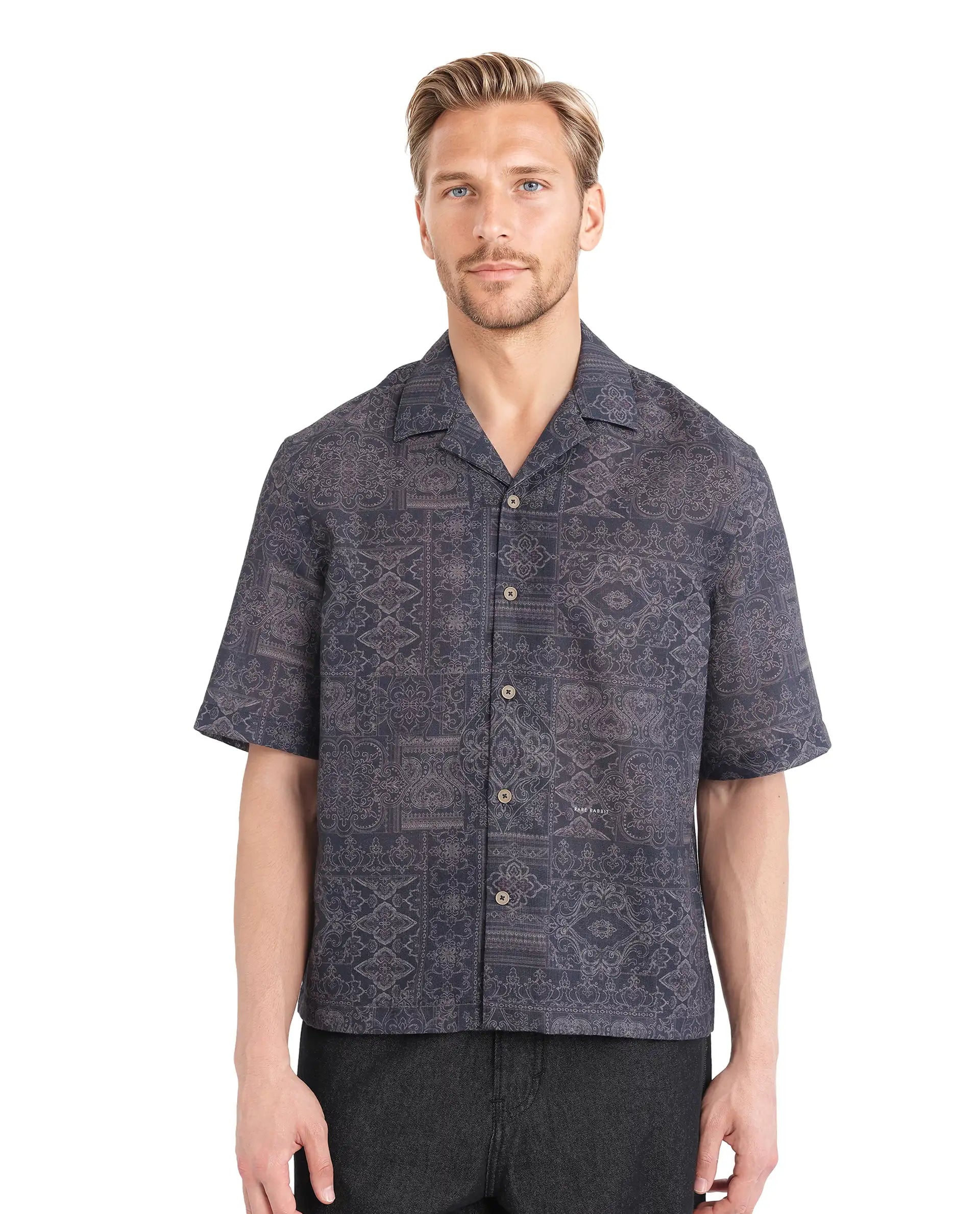 Rare Rabbit Men's Wisp Navy Polyester Fabric Short Sleeve Cuban Collared Button Closure Paisley Printed Shirt