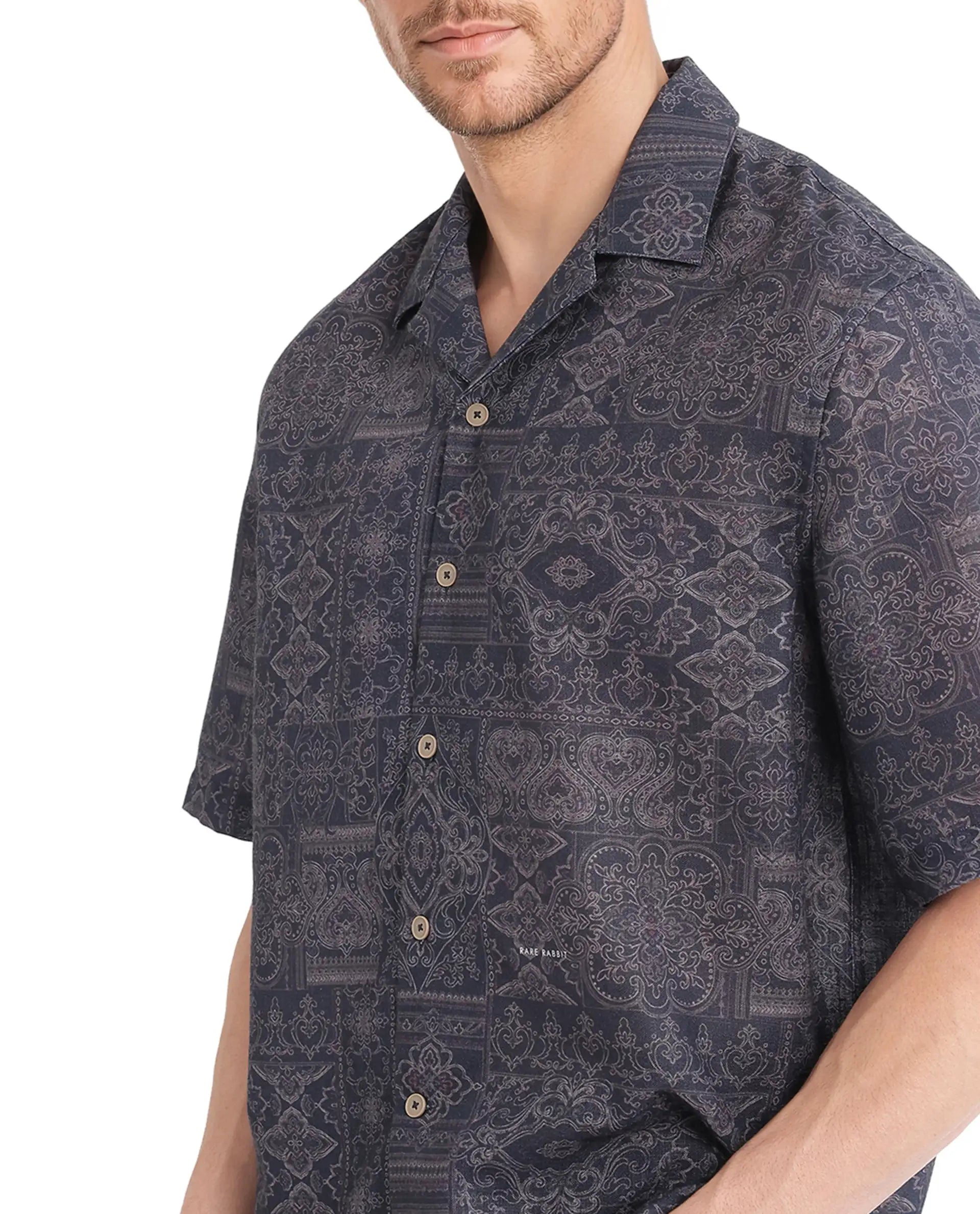 Rare Rabbit Men's Wisp Navy Polyester Fabric Short Sleeve Cuban Collared Button Closure Paisley Printed Shirt