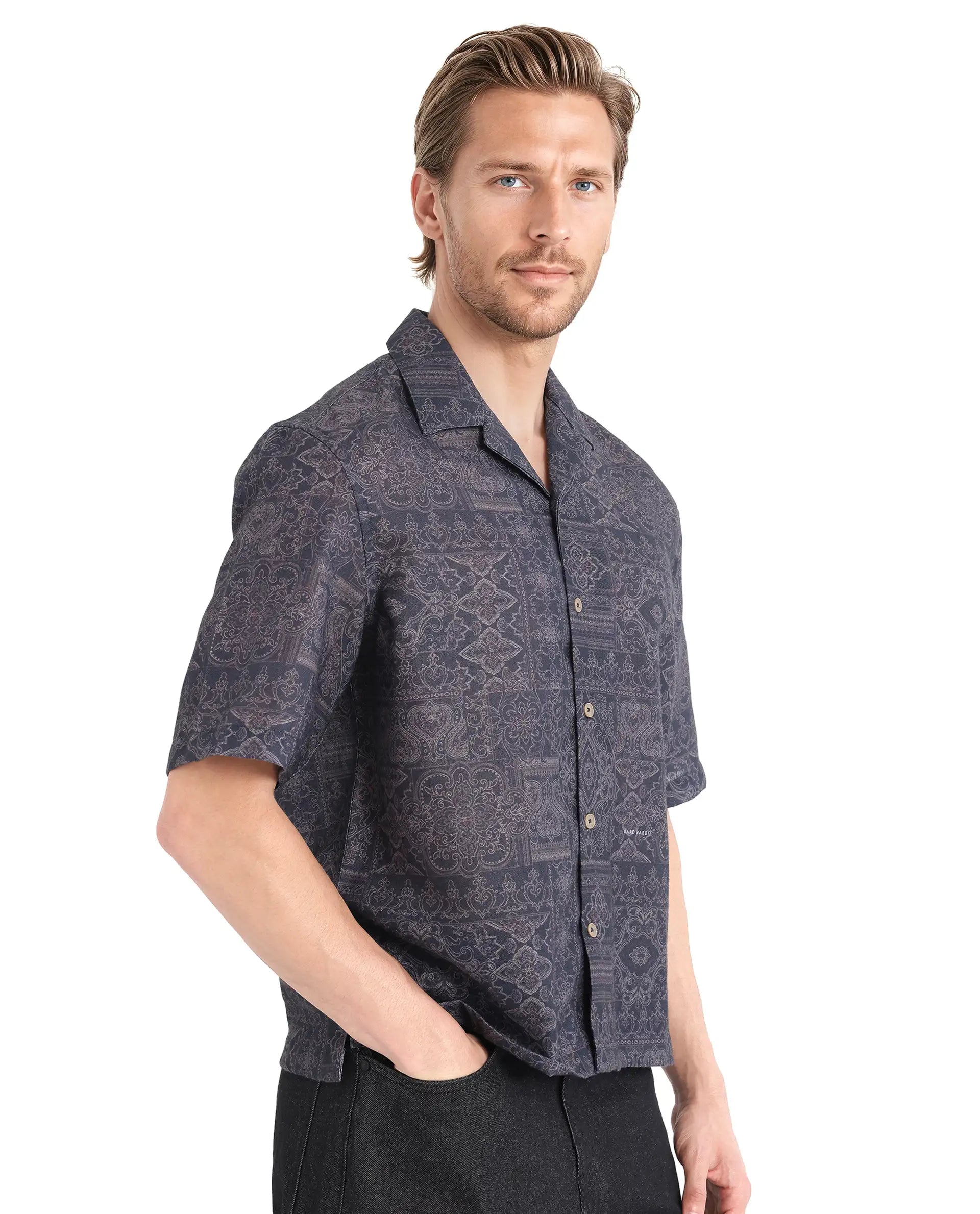 Rare Rabbit Men's Wisp Navy Polyester Fabric Short Sleeve Cuban Collared Button Closure Paisley Printed Shirt