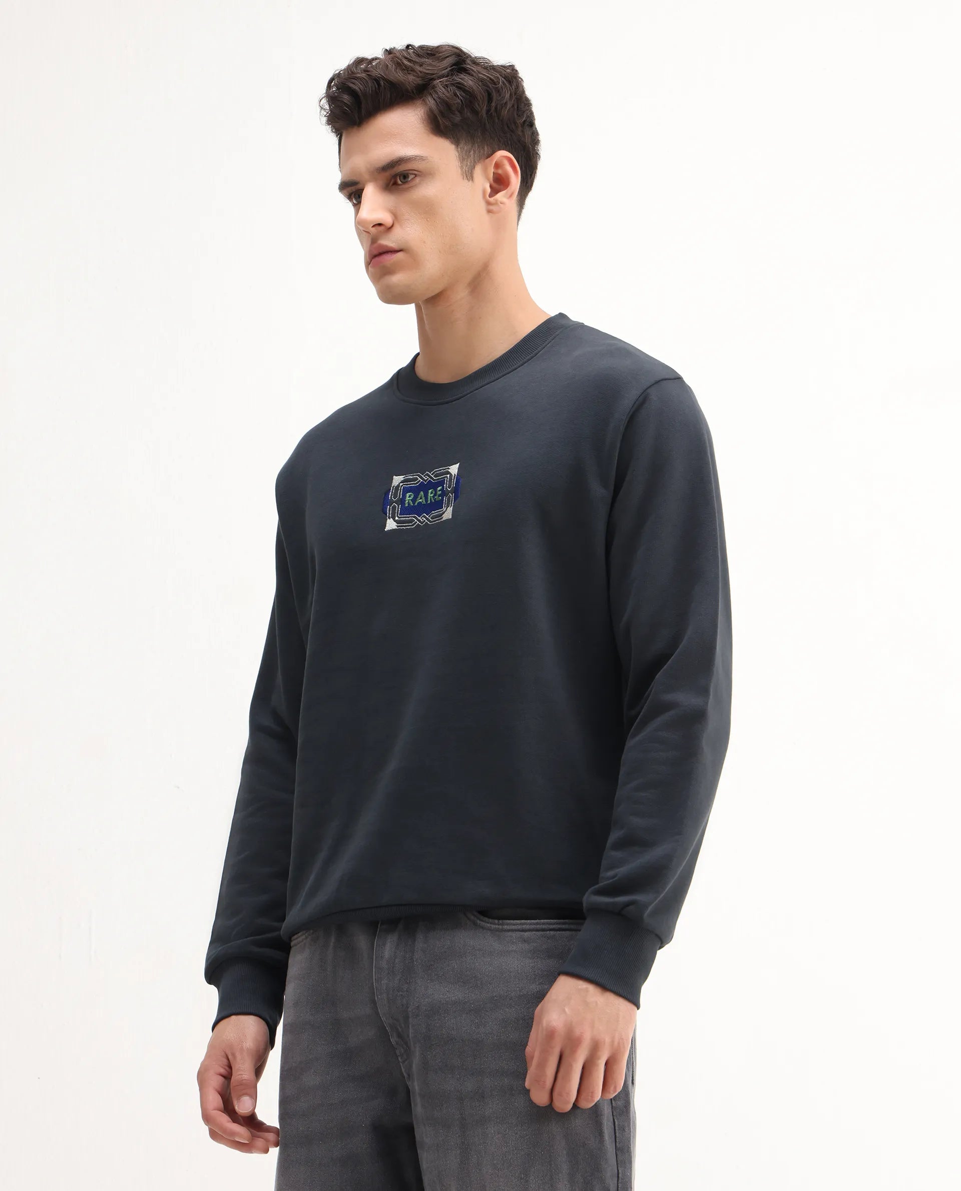 Rare Rabbit Men's Wolf Dark Grey Cotton Embroidered Regular Fit Full Sleeve Crew Neck Sweatshirt