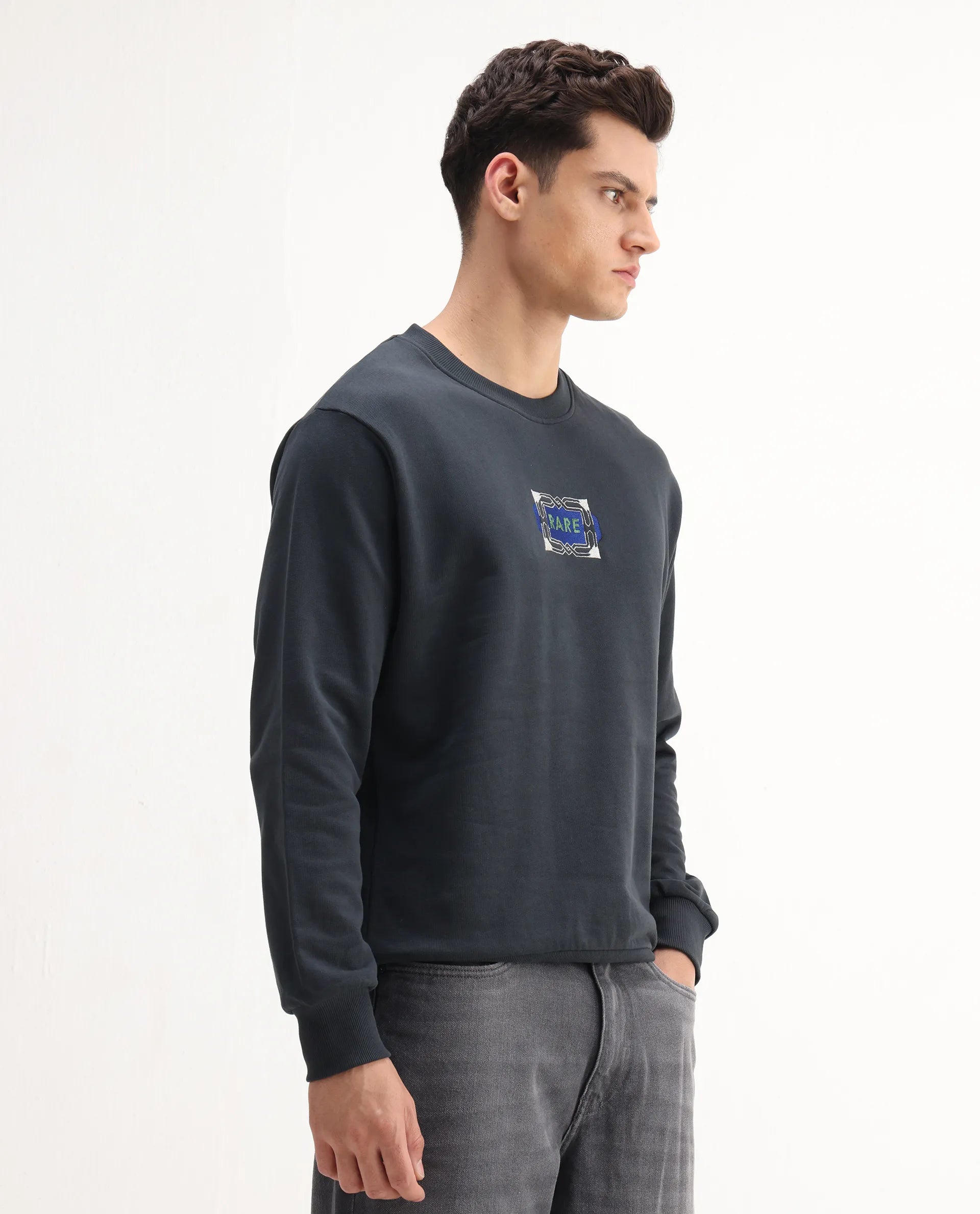 Rare Rabbit Men's Wolf Dark Grey Cotton Embroidered Regular Fit Full Sleeve Crew Neck Sweatshirt