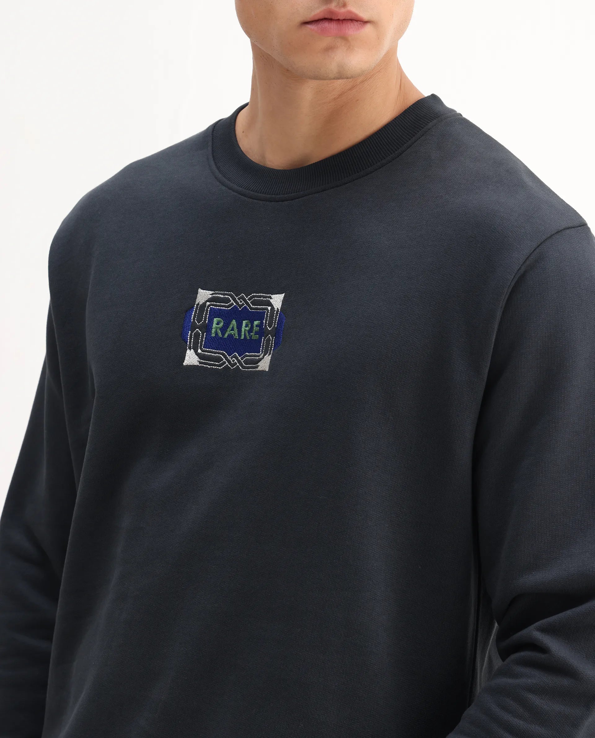 Rare Rabbit Men's Wolf Dark Grey Cotton Embroidered Regular Fit Full Sleeve Crew Neck Sweatshirt