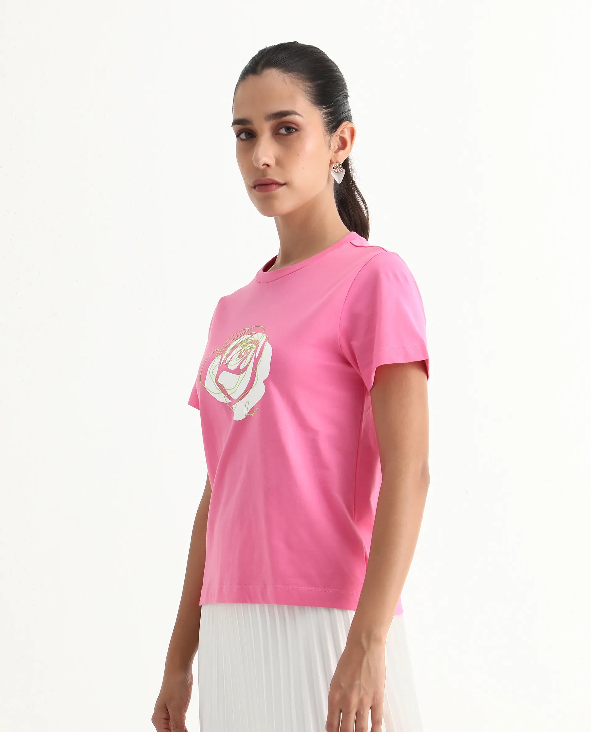 Rareism Women's Wond Light Pink Cotton Blend Crew Neck Floral Print Regular Fit T-Shirt