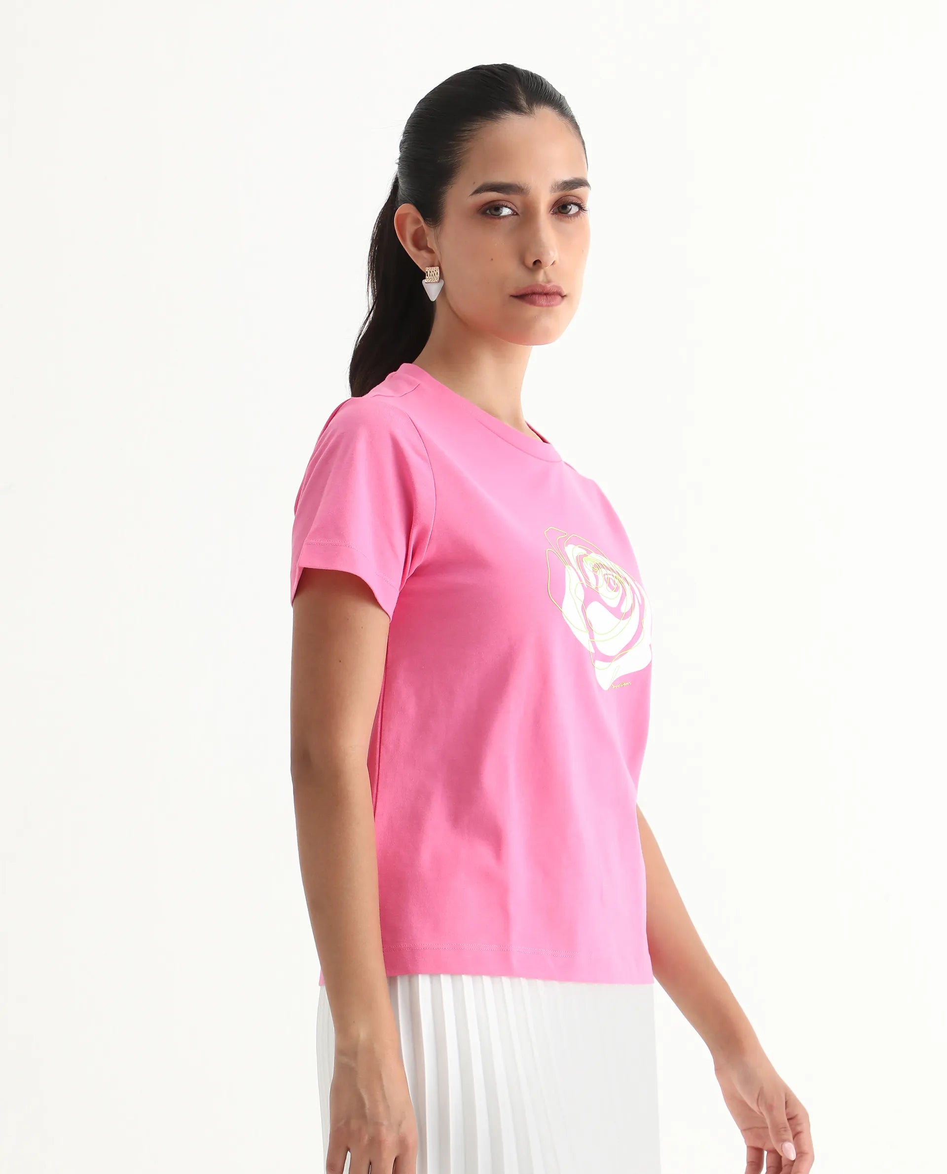 Rareism Women's Wond Light Pink Cotton Blend Crew Neck Floral Print Regular Fit T-Shirt