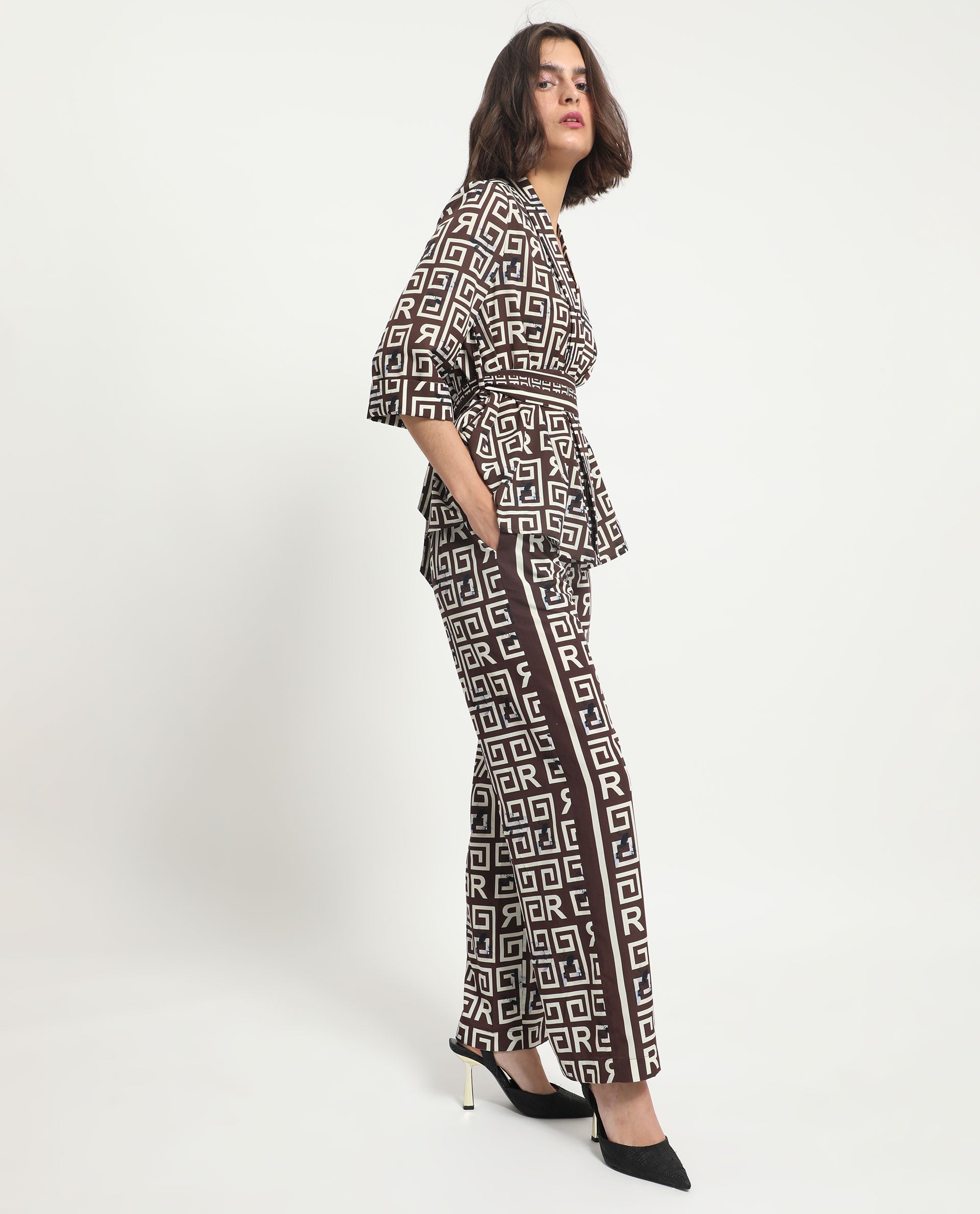 Rareism Women Wood Brown Polyester Fabric Drawstring Closure Regular Fit Geometric Print Ankle Length Trousers