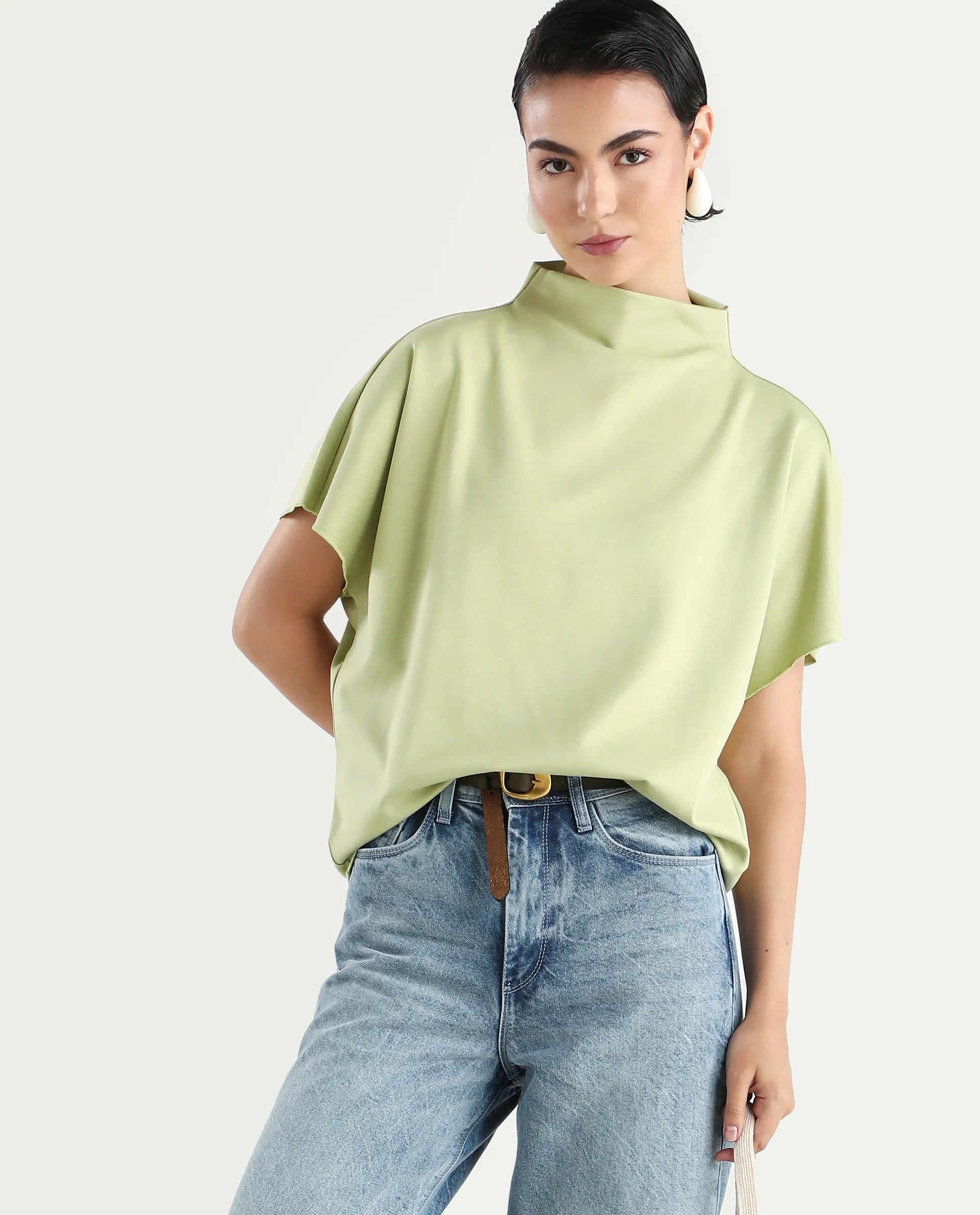 Rareism Women's Worknet Dusky Green Cotton Blend High Neck Plain Extended Sleeves Relaxed Fit Top