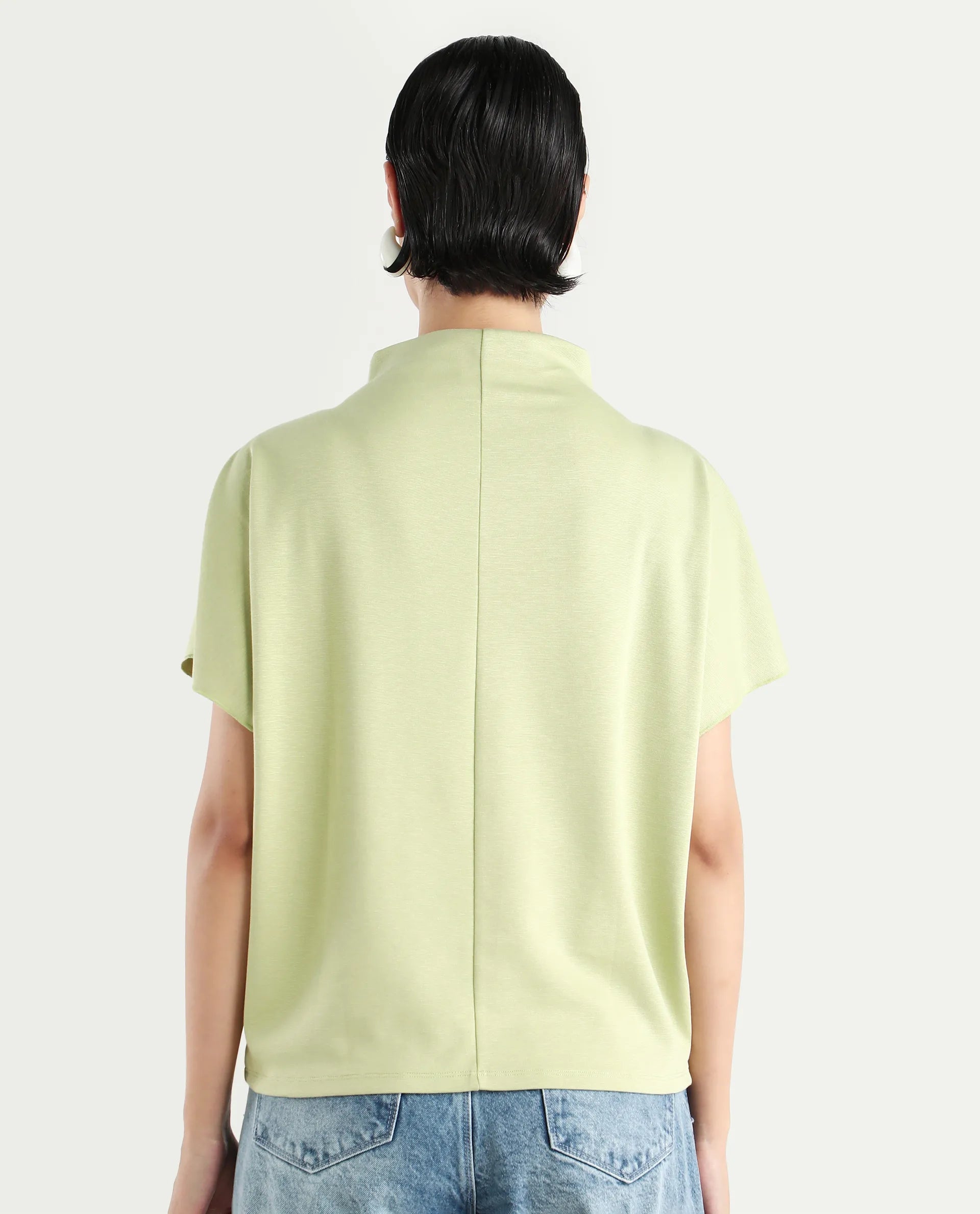 Rareism Women's Worknet Dusky Green Cotton Blend High Neck Plain Extended Sleeves Relaxed Fit Top