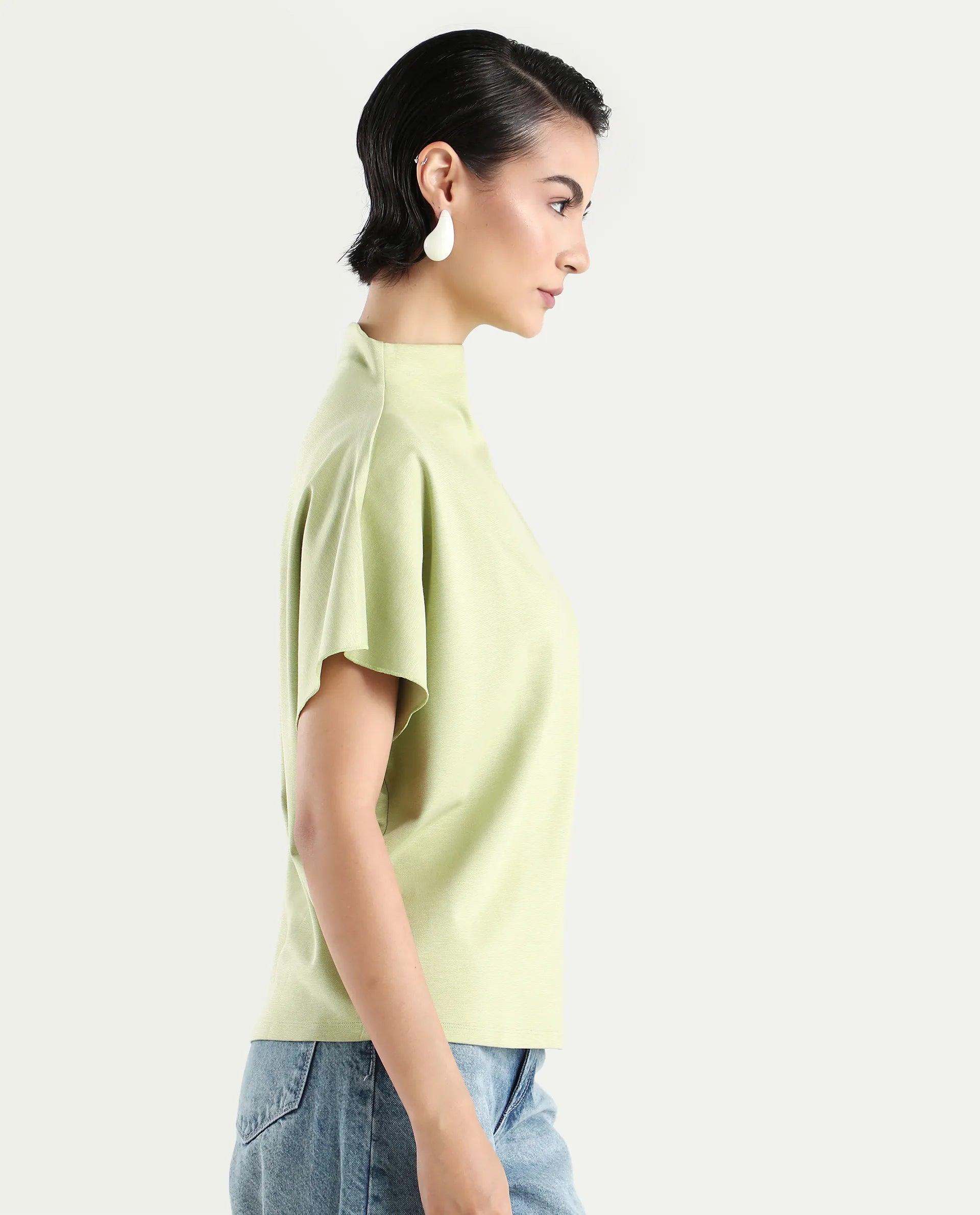 Rareism Women's Worknet Dusky Green Cotton Blend High Neck Plain Extended Sleeves Relaxed Fit Top