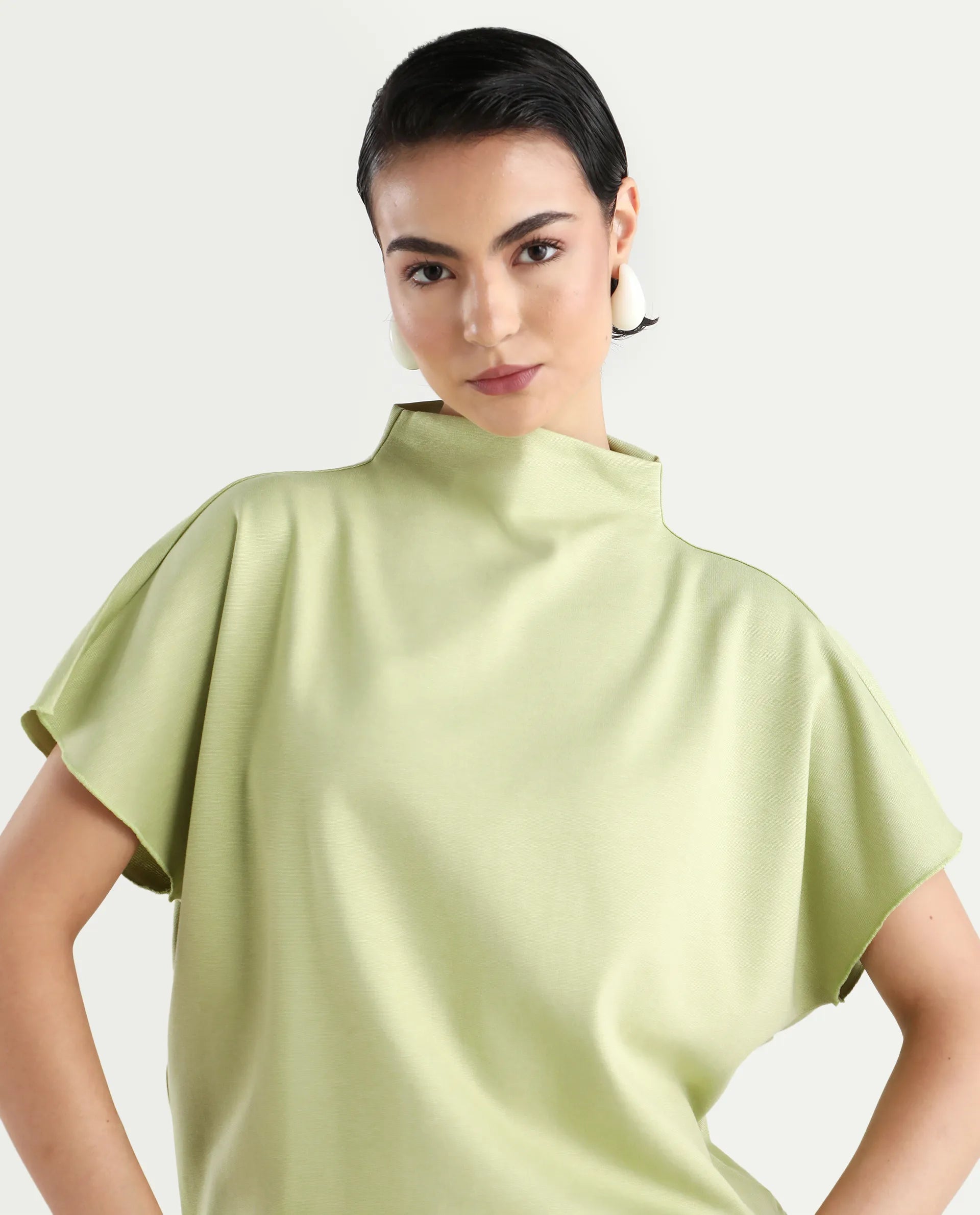 Rareism Women's Worknet Dusky Green Cotton Blend High Neck Plain Extended Sleeves Relaxed Fit Top