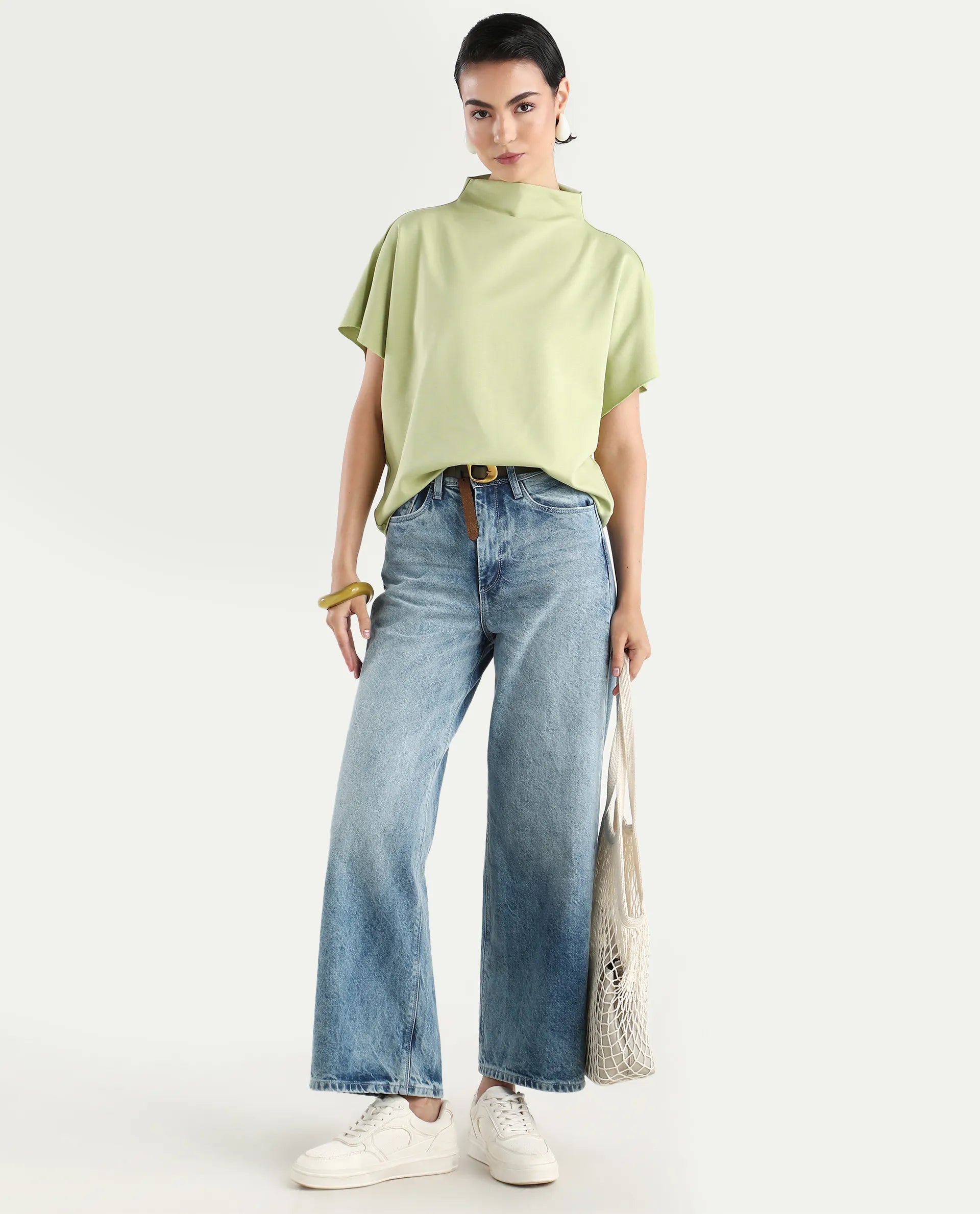 Rareism Women's Worknet Dusky Green Cotton Blend High Neck Plain Extended Sleeves Relaxed Fit Top