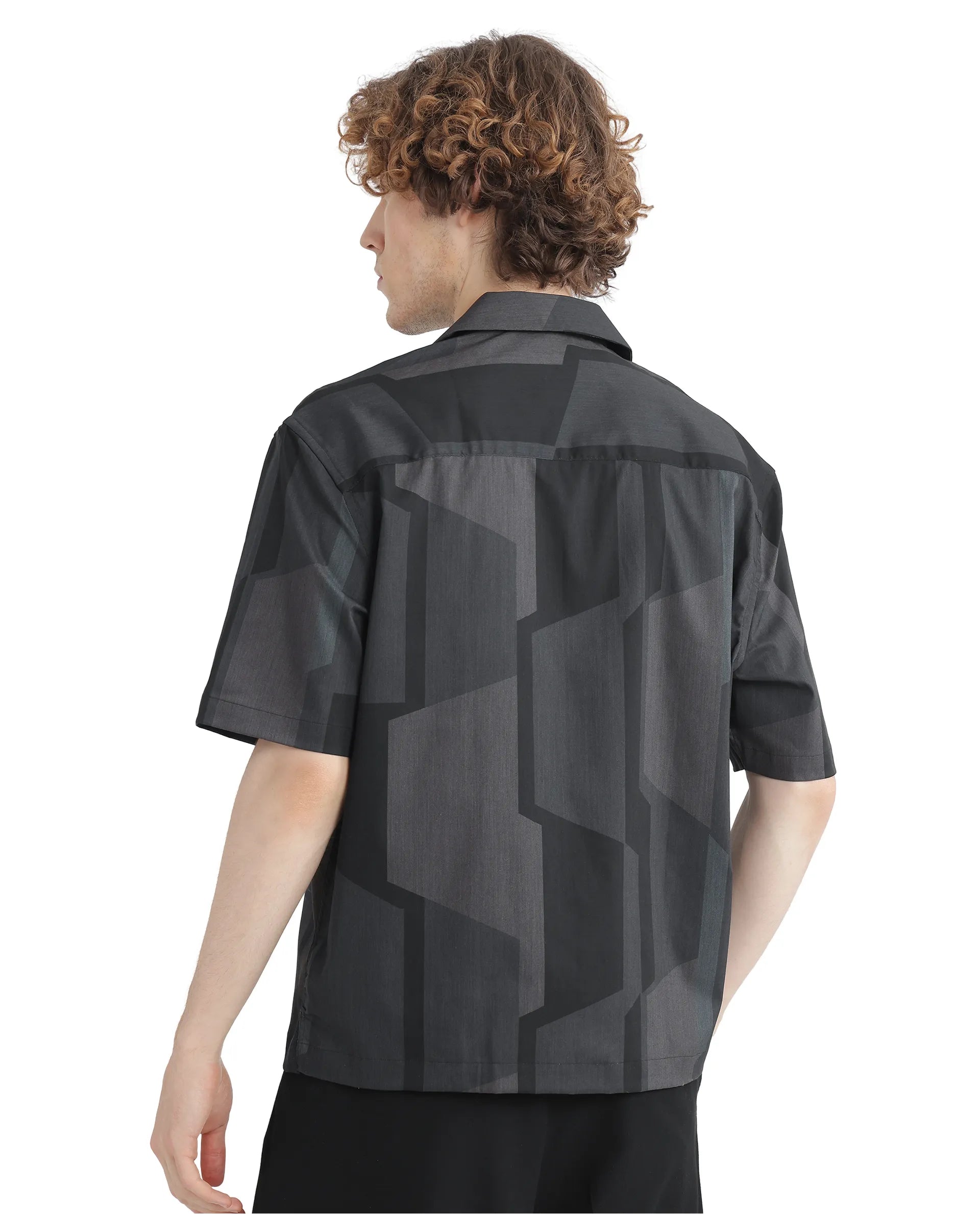 Rare Rabbit Men Wote Navy Cotton Fabric Half Sleeve Cuban Collared Boxy Fit Abstract Printed Shirt