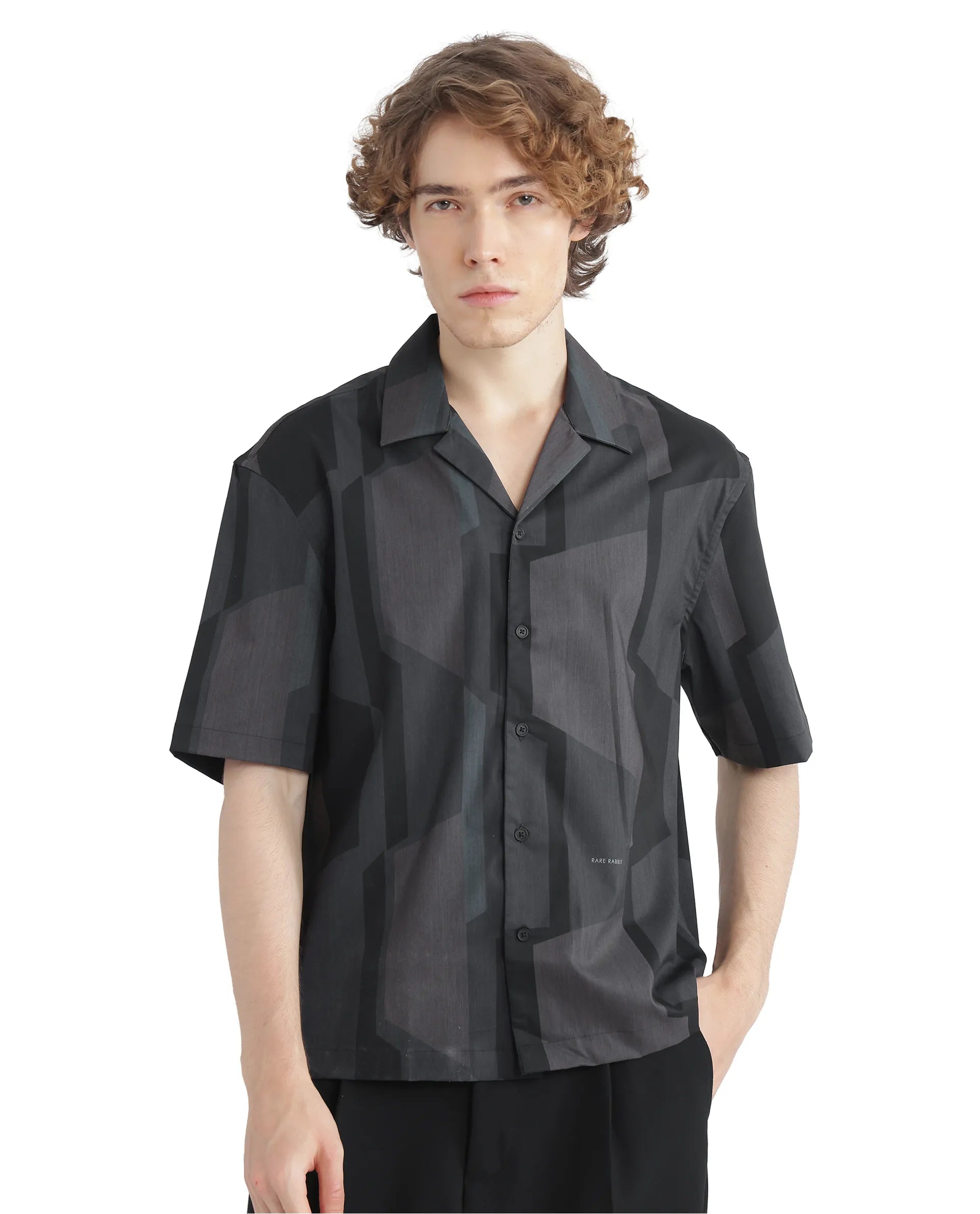 Rare Rabbit Men Wote Navy Cotton Fabric Half Sleeve Cuban Collared Boxy Fit Abstract Printed Shirt