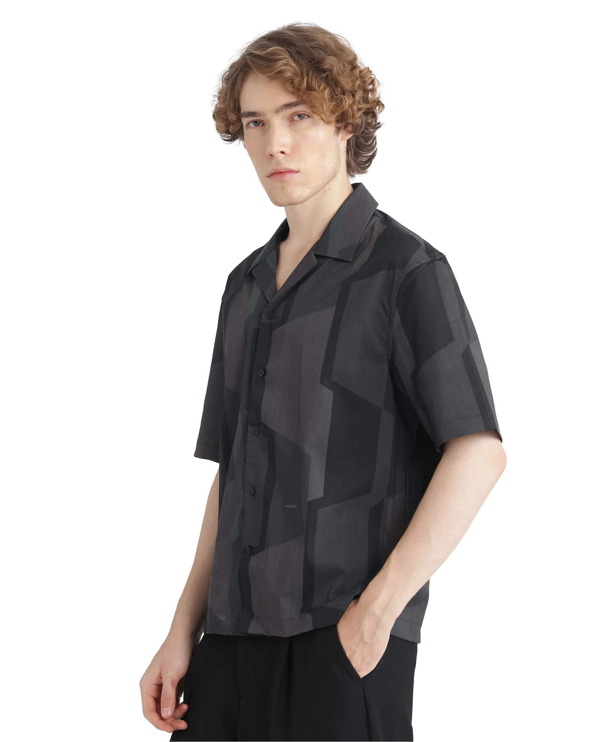 Rare Rabbit Men Wote Navy Cotton Fabric Half Sleeve Cuban Collared Boxy Fit Abstract Printed Shirt